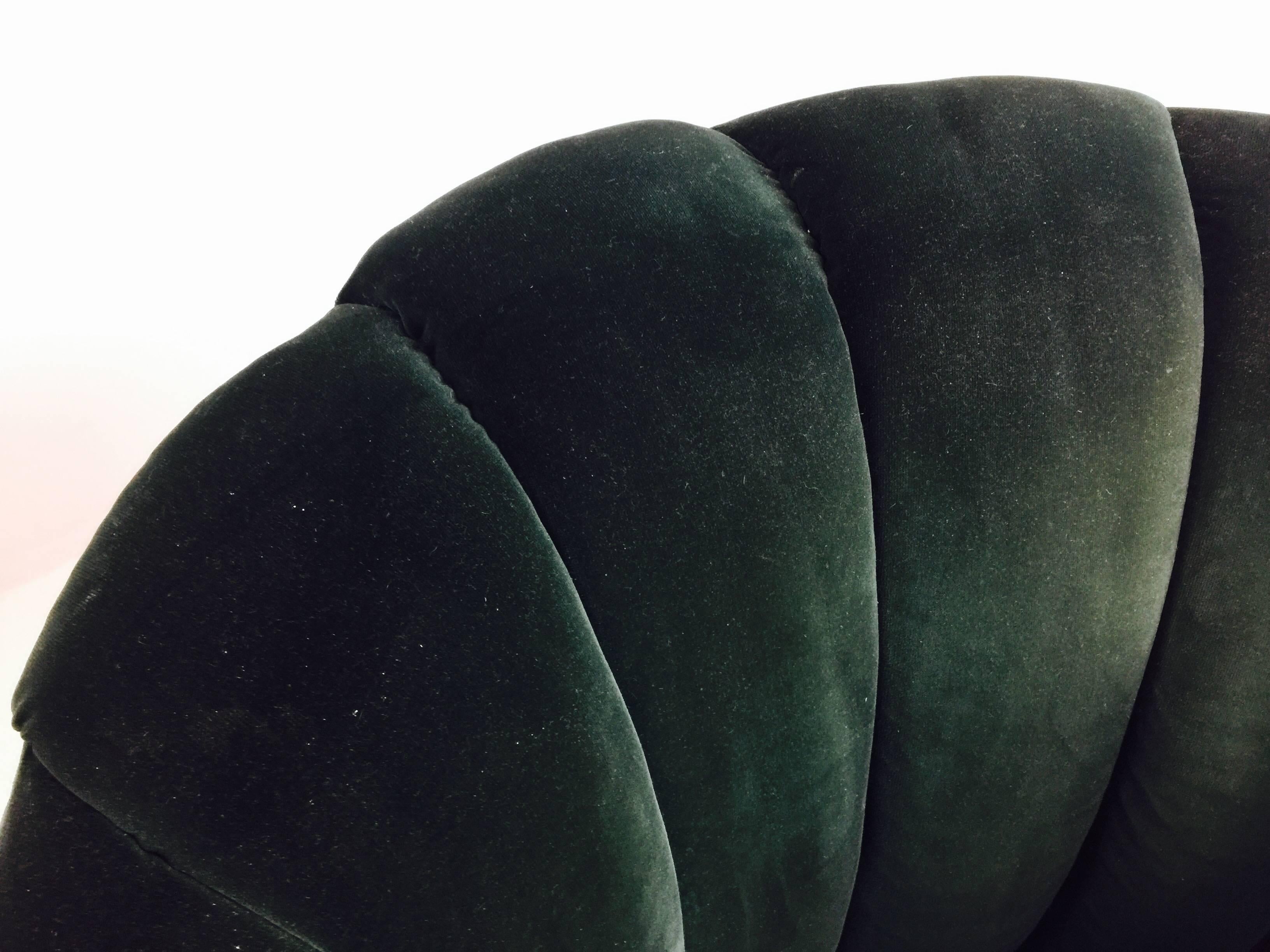 Pair of Hunter Green Velvet Channel Back Milo Baughman Swivel Chairs In Good Condition In Dallas, TX