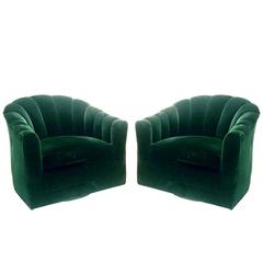 Pair of Hunter Green Velvet Channel Back Milo Baughman Swivel Chairs