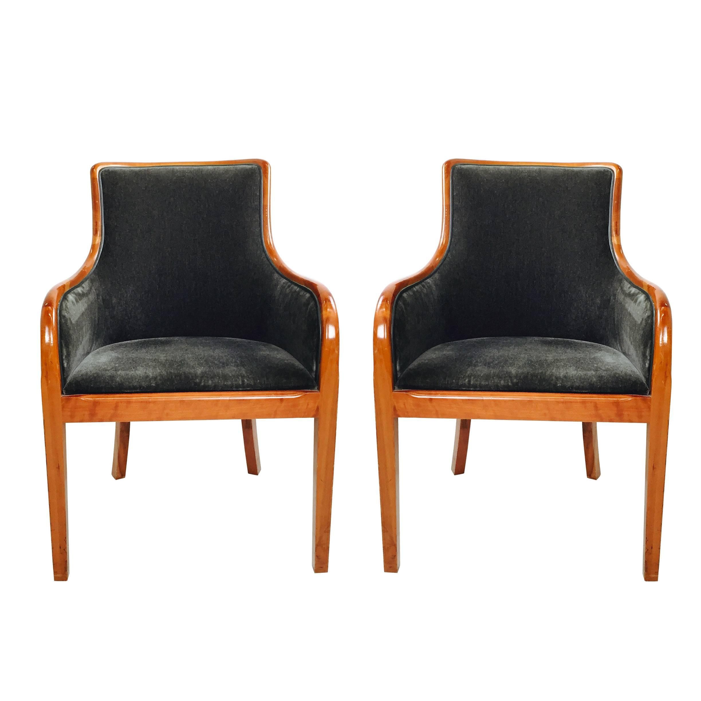 Pair of Mohair and cherrywood chairs by Zographas. In good vintage condition. Refinishing is recommended. Three sets of pairs are available.

Dimensions: 23" W x 26" D x 35" T.
