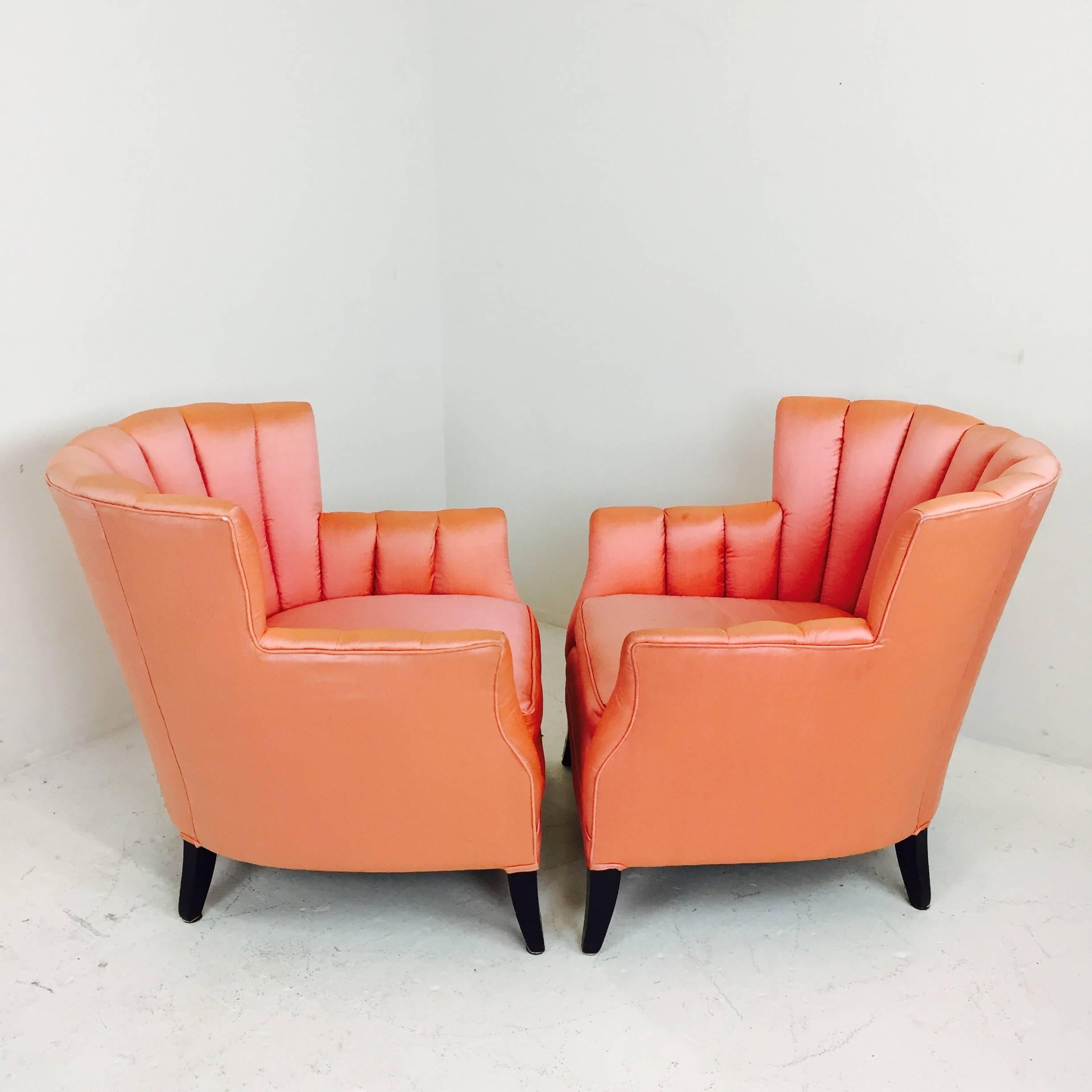 Pair of Coral Silk Channel Back Regency Armchairs In Good Condition In Dallas, TX