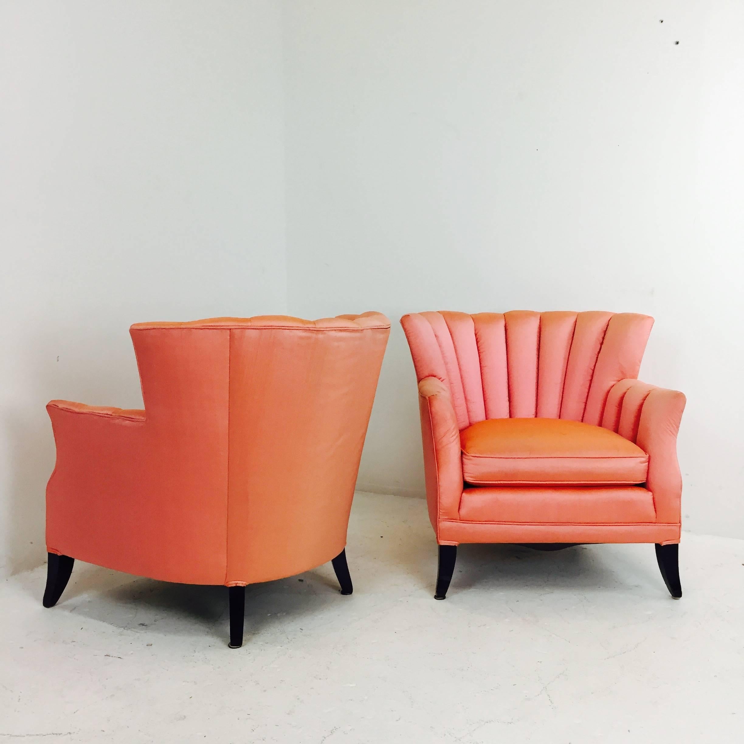 20th Century Pair of Coral Silk Channel Back Regency Armchairs