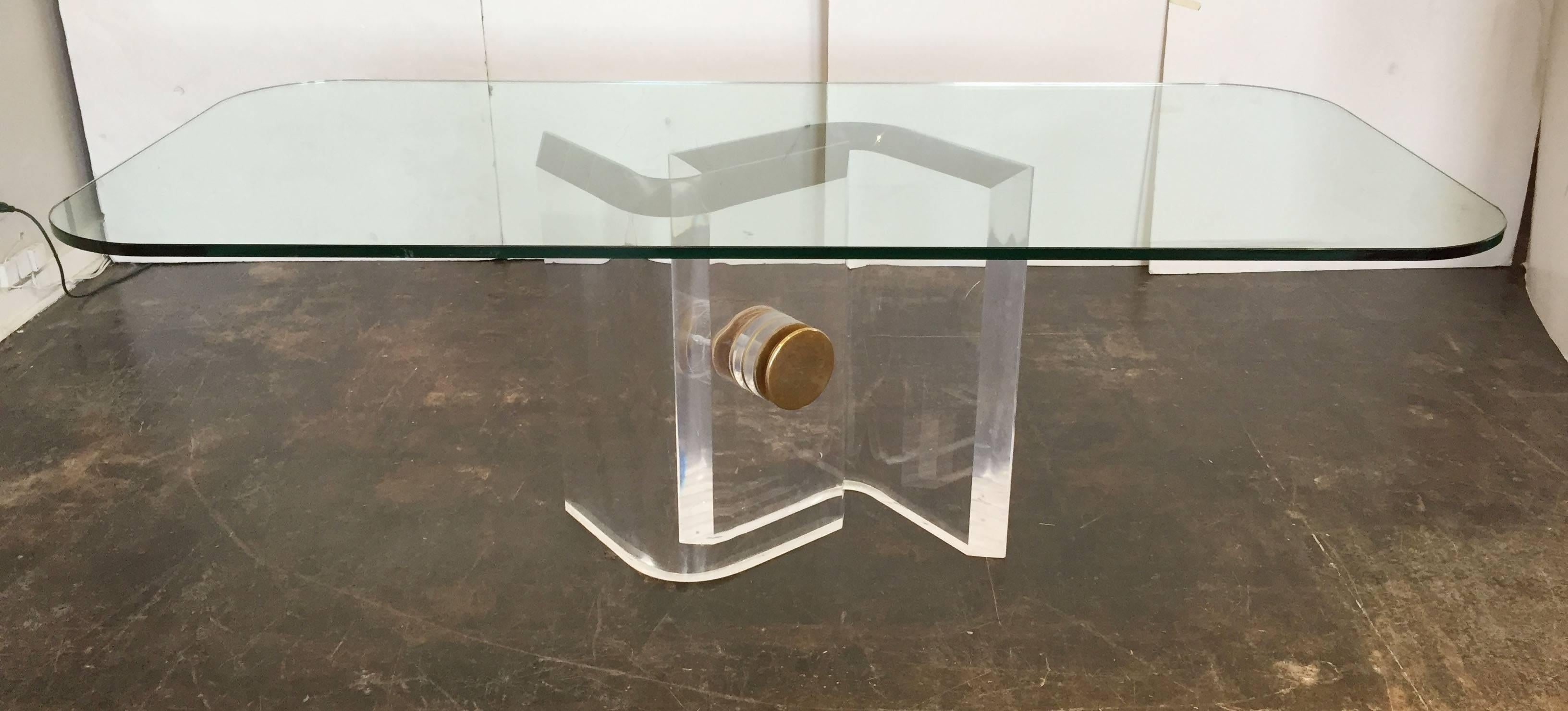 20th Century Lucite and Brass Dining Table Base with Glass Top