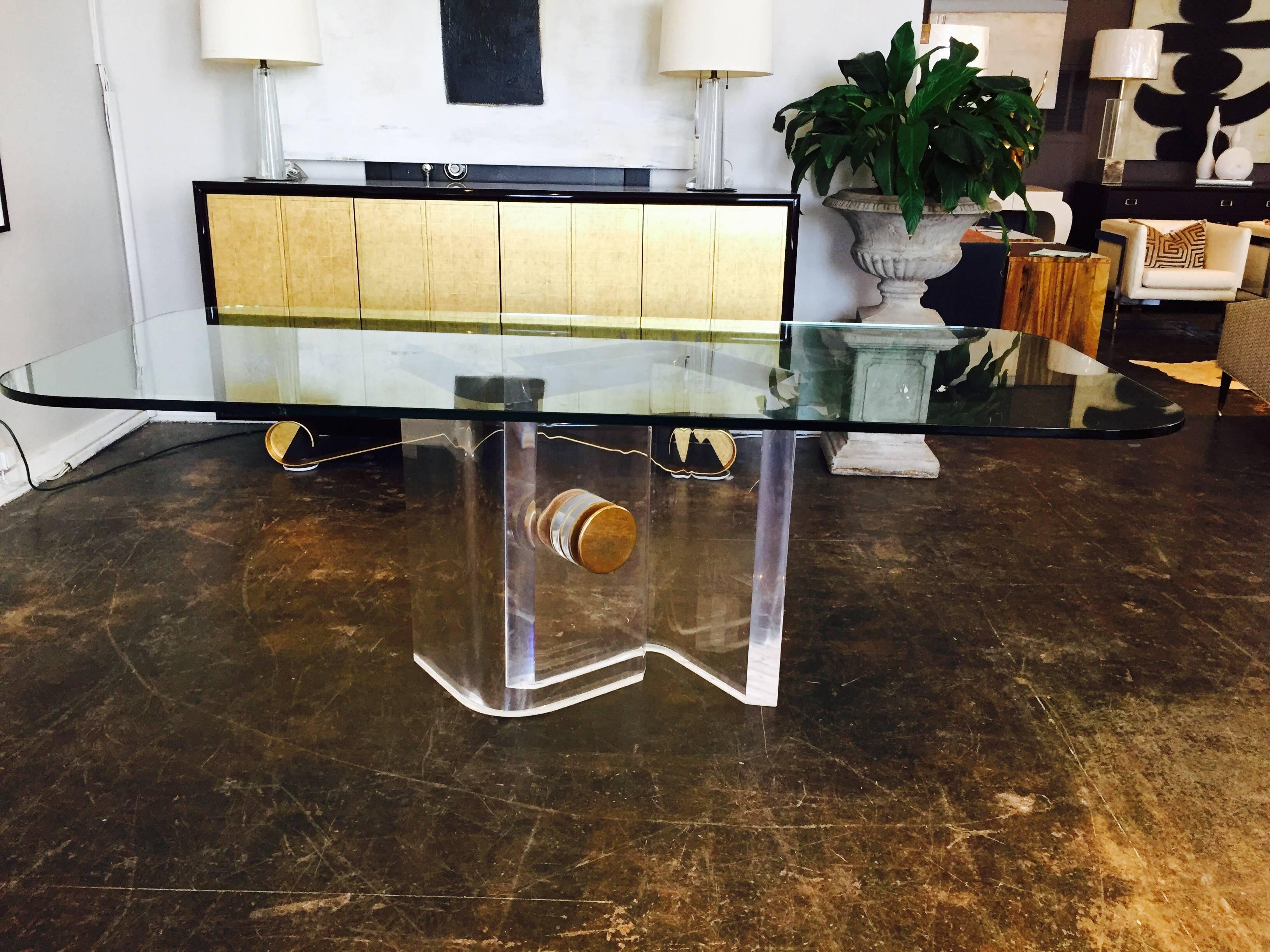 Lucite and Brass Dining Table Base with Glass Top In Good Condition In Dallas, TX