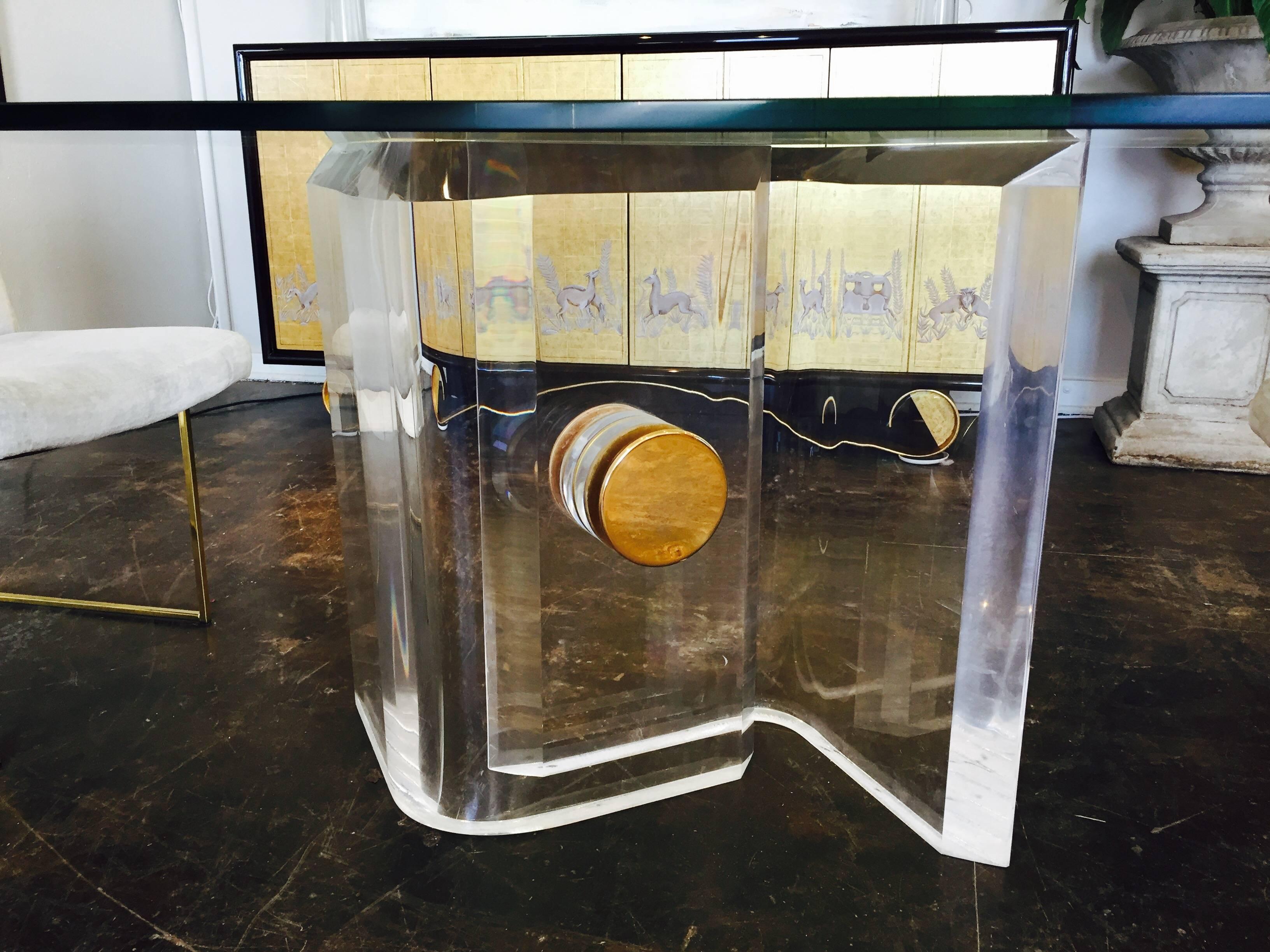 Modern Lucite and Brass Dining Table Base with Glass Top