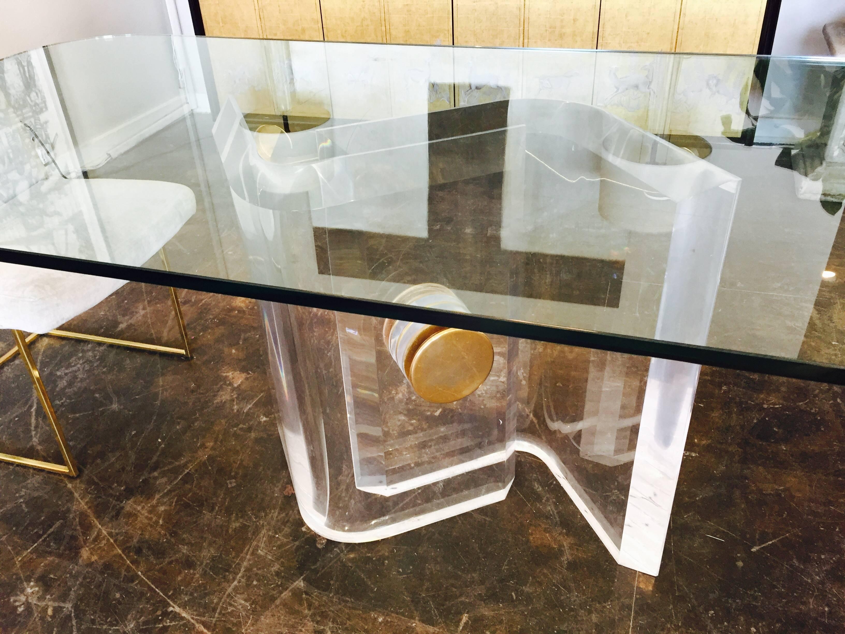 Plated Lucite and Brass Dining Table Base with Glass Top