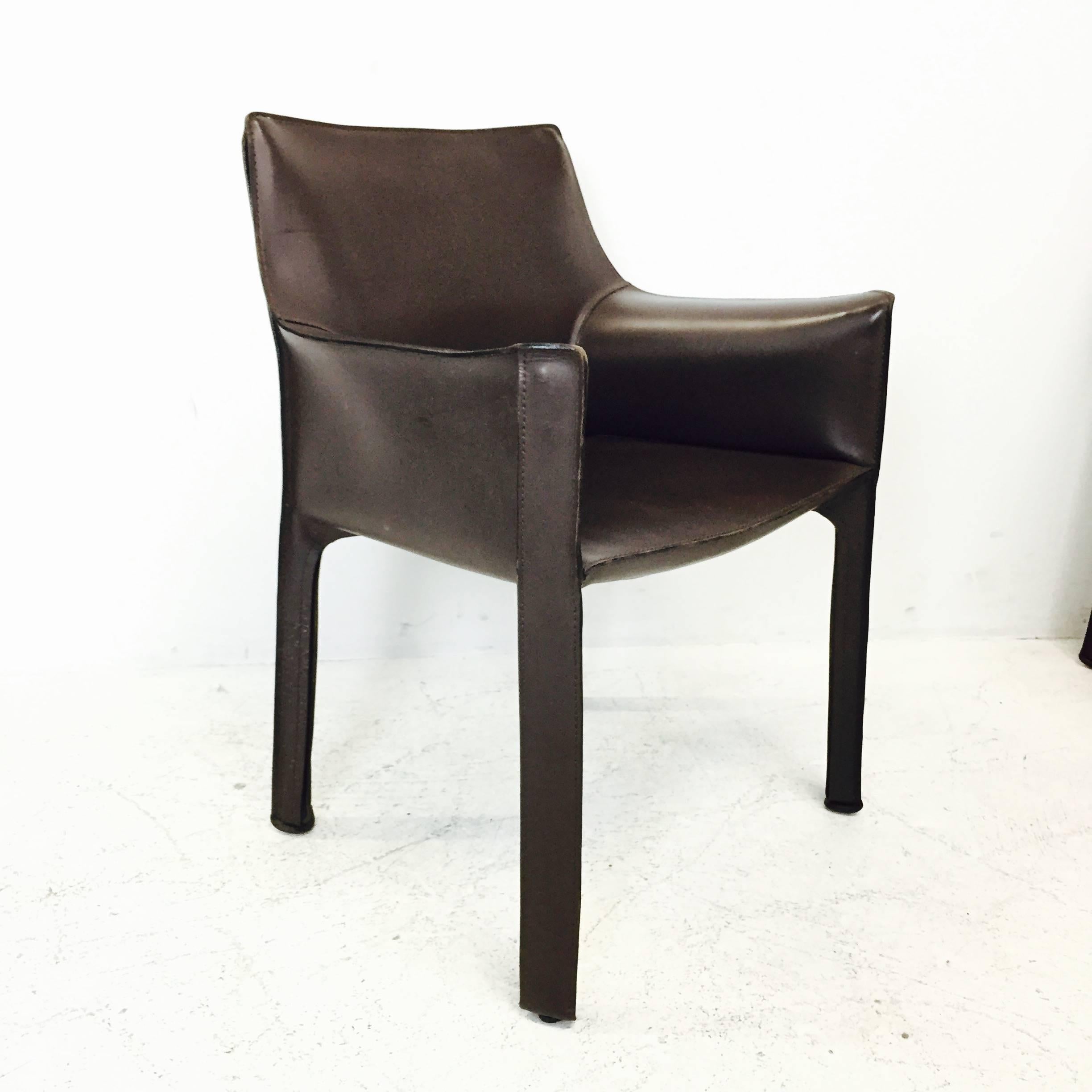 Modern Espresso Brown Mario Bellini Cab Leather Dining Armchairs for Cassina