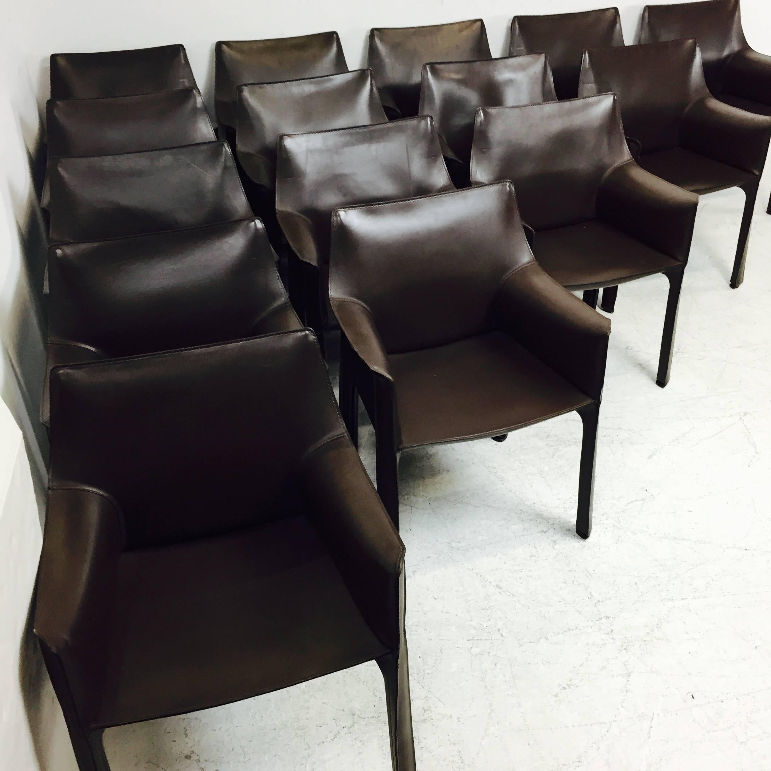 Espresso Brown Mario Bellini Cab Leather Dining Armchairs for Cassina In Good Condition In Dallas, TX