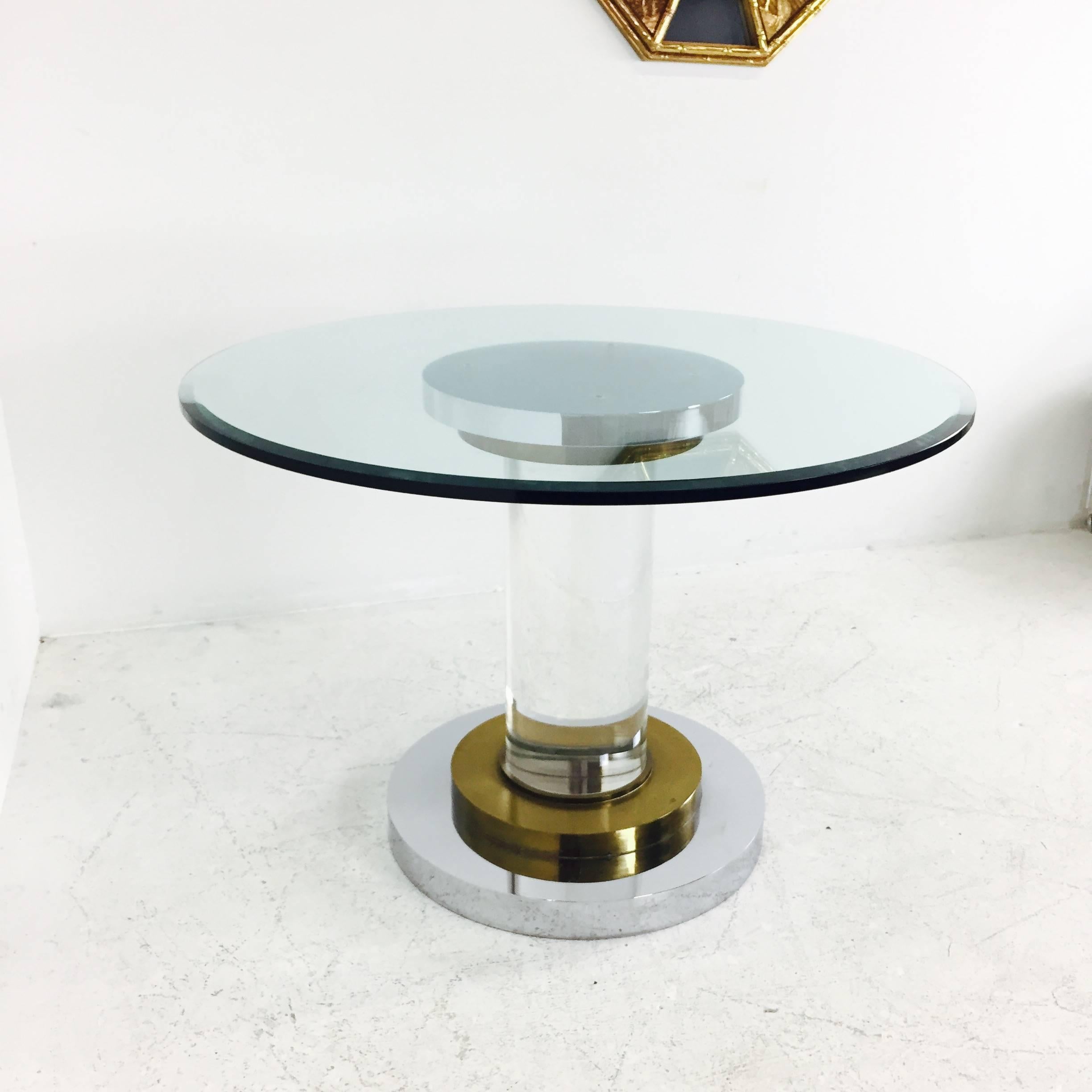 Plated Lucite and Glass Pedestal Dining Table by Romeo Rega