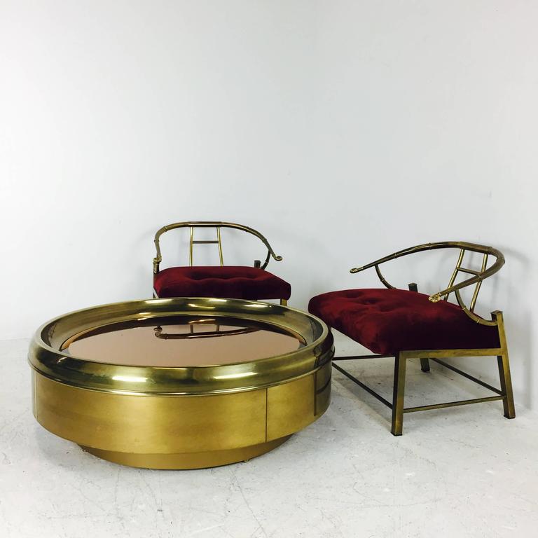 LargeScale Round Brass and Mirror Coffee Table by Mastercraft at 1stDibs