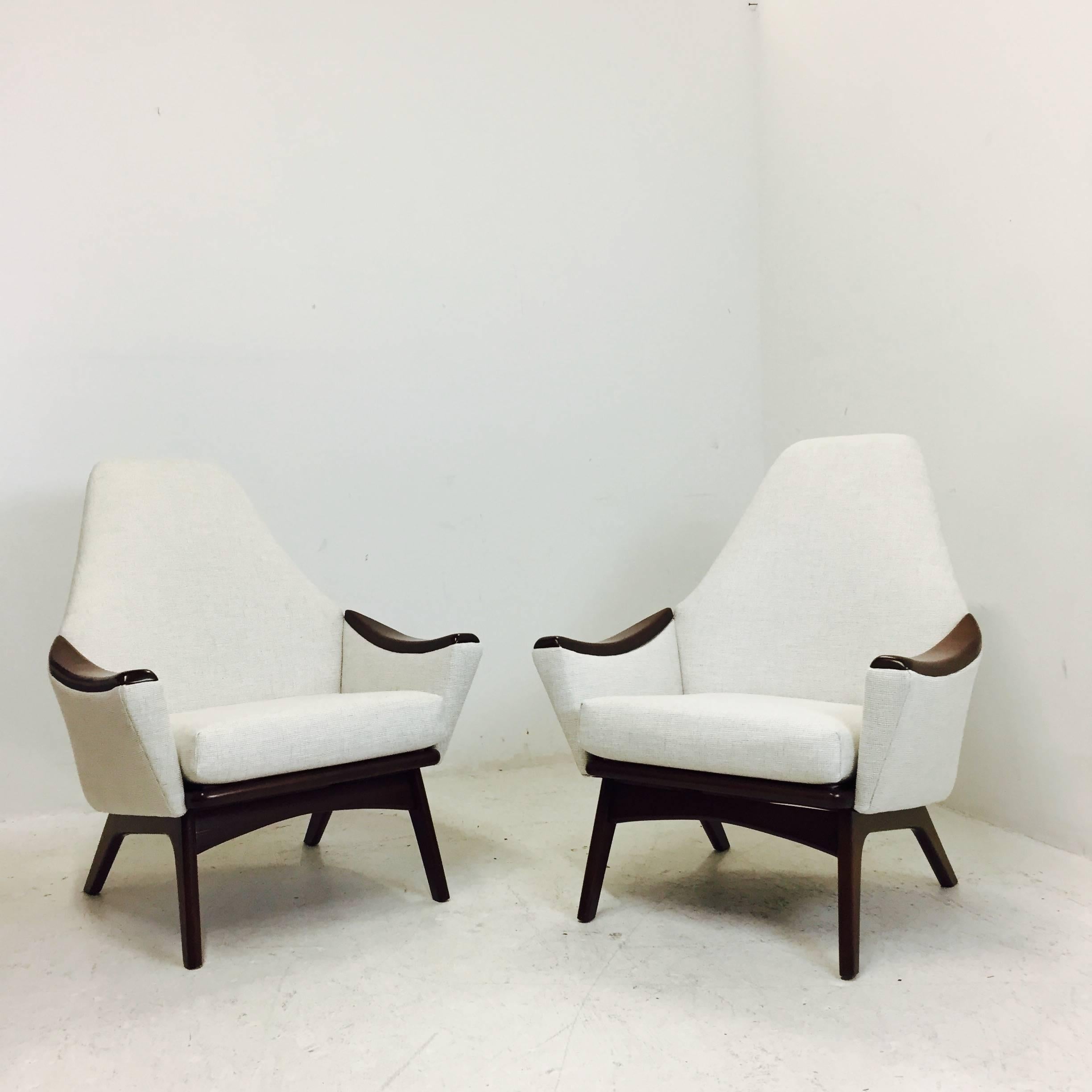 Pair of high back lounge chairs by Adrian Pearsall for Craft Associates. Recently upholstered and with new espresso finish, circa 1960s. 

Dimensions: 30" W x 33" D x 37" T, 
seat height 17" T.