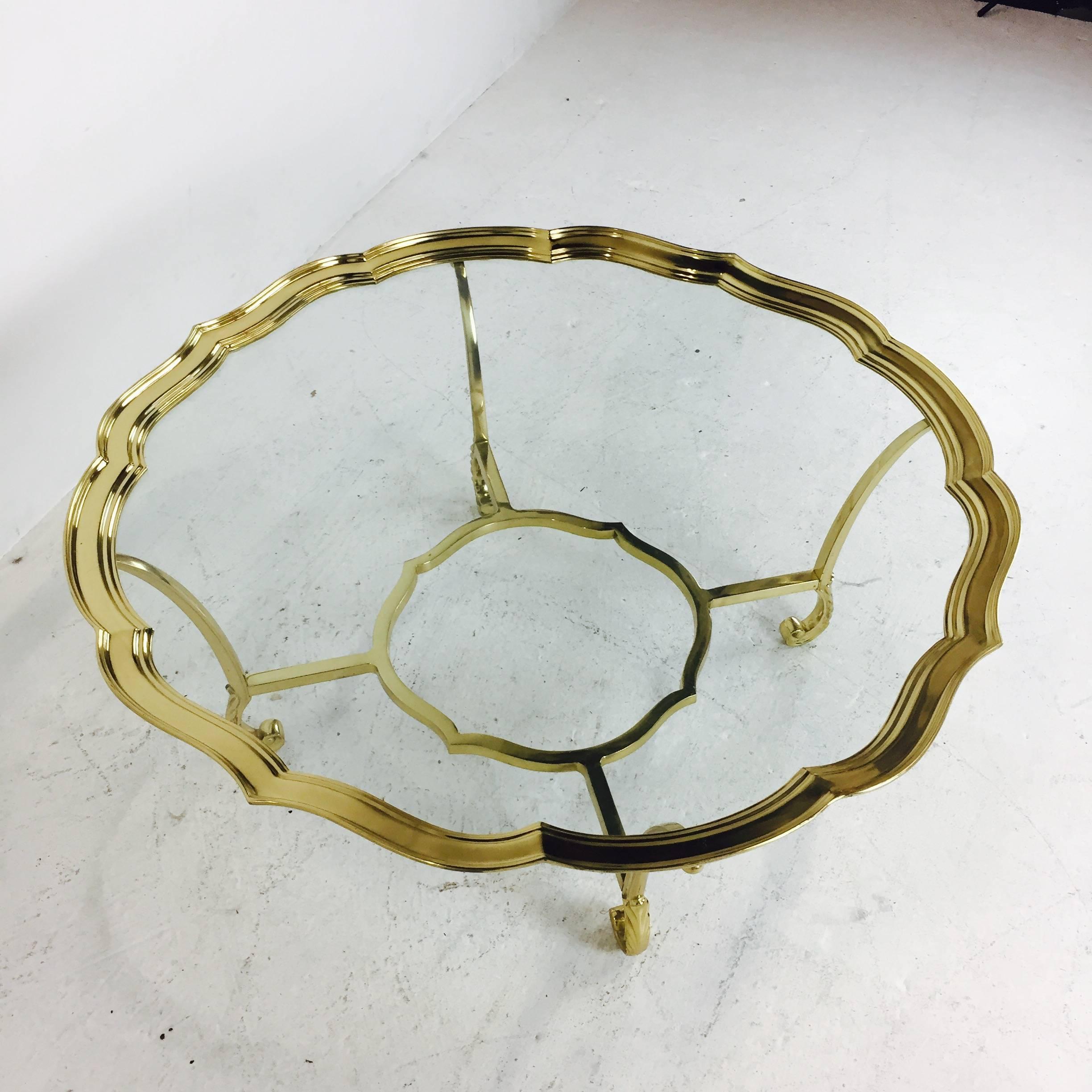 Hollywood Regency Scalloped Edge Brass and Glass Coffee Table by Labarge In Good Condition In Dallas, TX