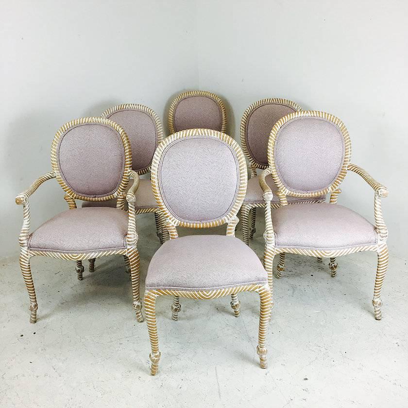 Set of six carved rope dining chairs with whitewashed finish. There are two armchairs and four side chairs.

dimension: 20