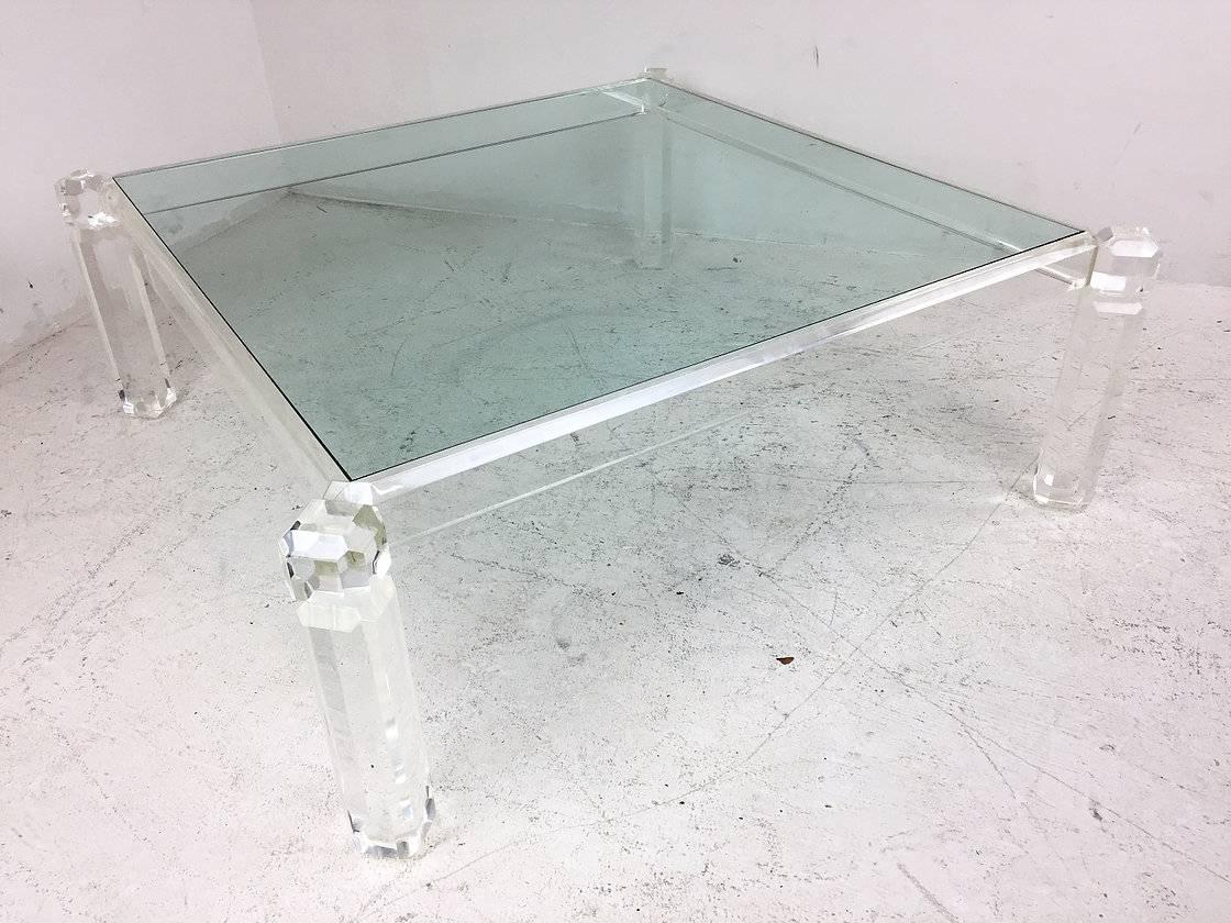 Hollywood Regency Square Lucite and Glass Coffee Table