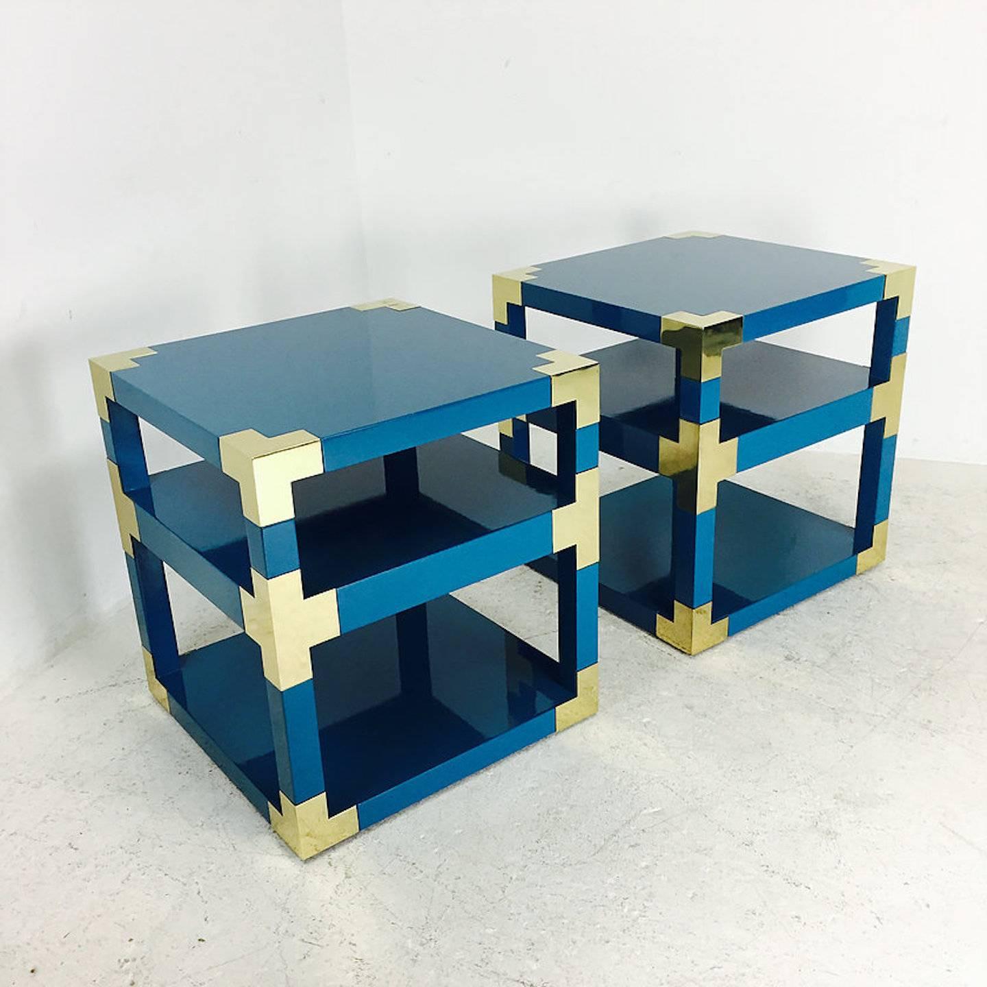 Custom Brass and Lacquer Cube Side Tables In Excellent Condition In Dallas, TX