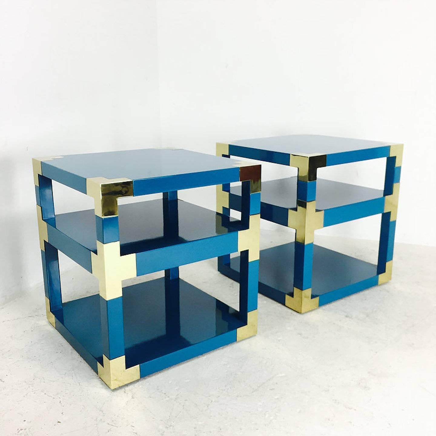 Custom Brass and Lacquer Cube Side Tables 1
