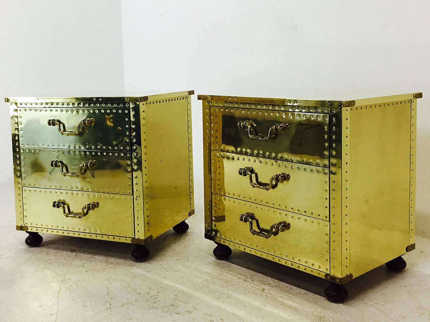 Mid-Century Modern Pair of Brass Sarreid Side Tables or Nightstands