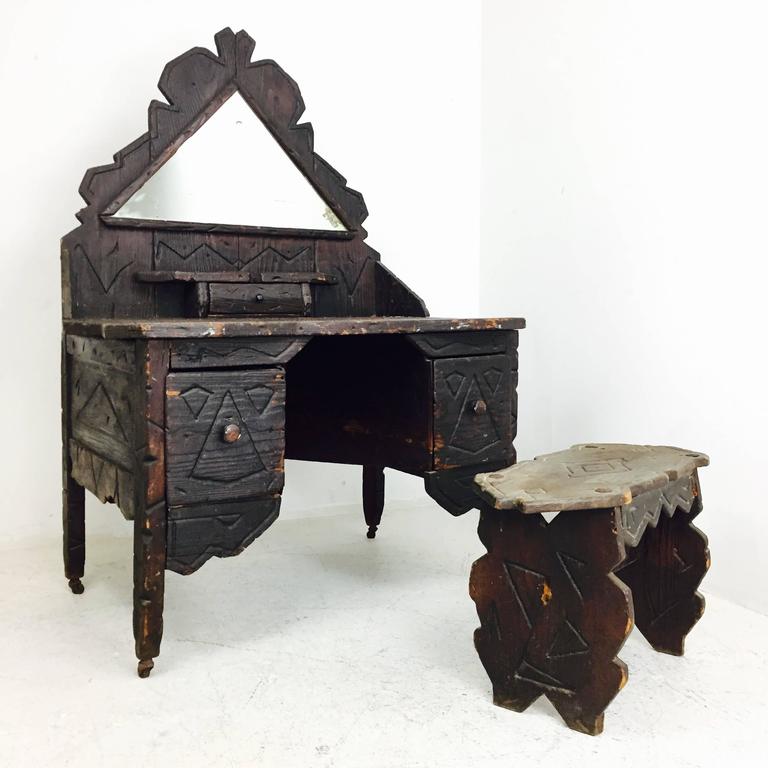 Primitive Adirondack Vanity Table And Bench For At 1stdibs 1940s Primitive Carved Vanity Table And Bench These Pieces Have A Warm Aged Patina Due
