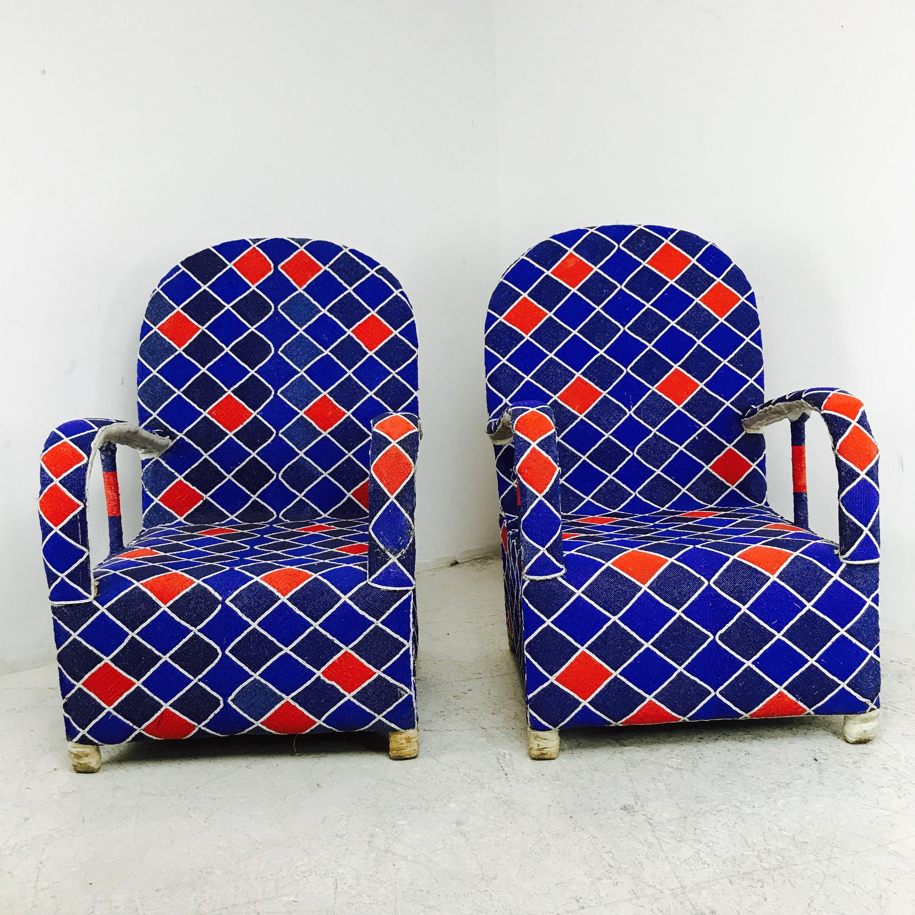 Pair of Blue and Red Hand Beaded Nigerian Yoruba Tribal Armchairs In Good Condition In Dallas, TX