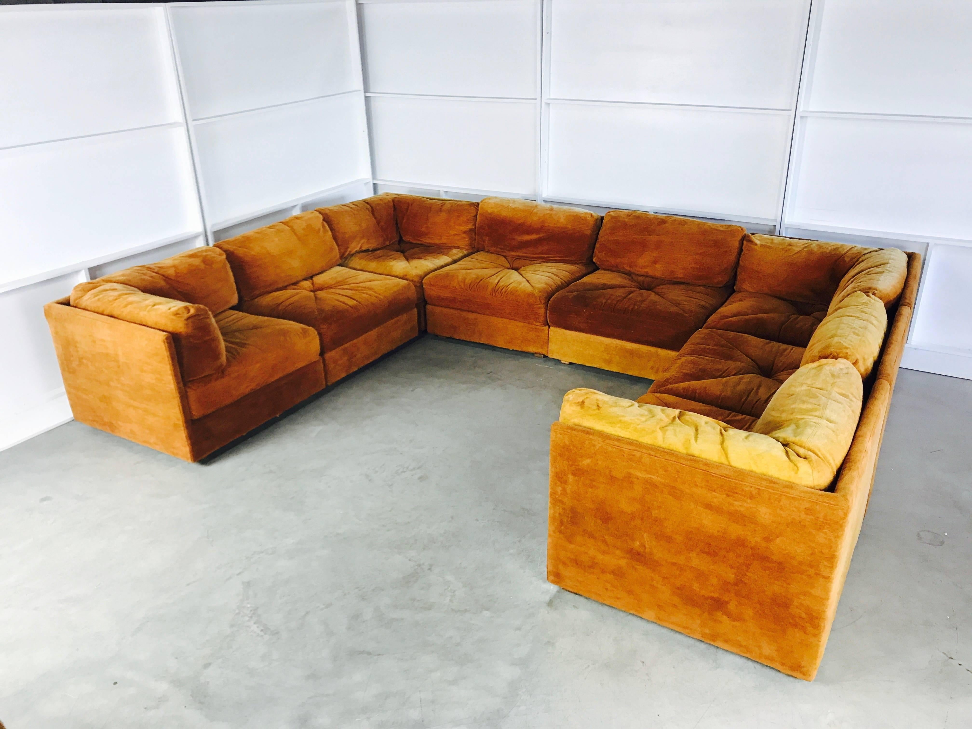 Ten-piece sectional sofa pit in the style of Milo Baughman by Selig. This pit group can be placed in many different configurations. Upholstery is in nice vintage condition but recommend new upholstery.

Dimensions: 33" W x 34" D x