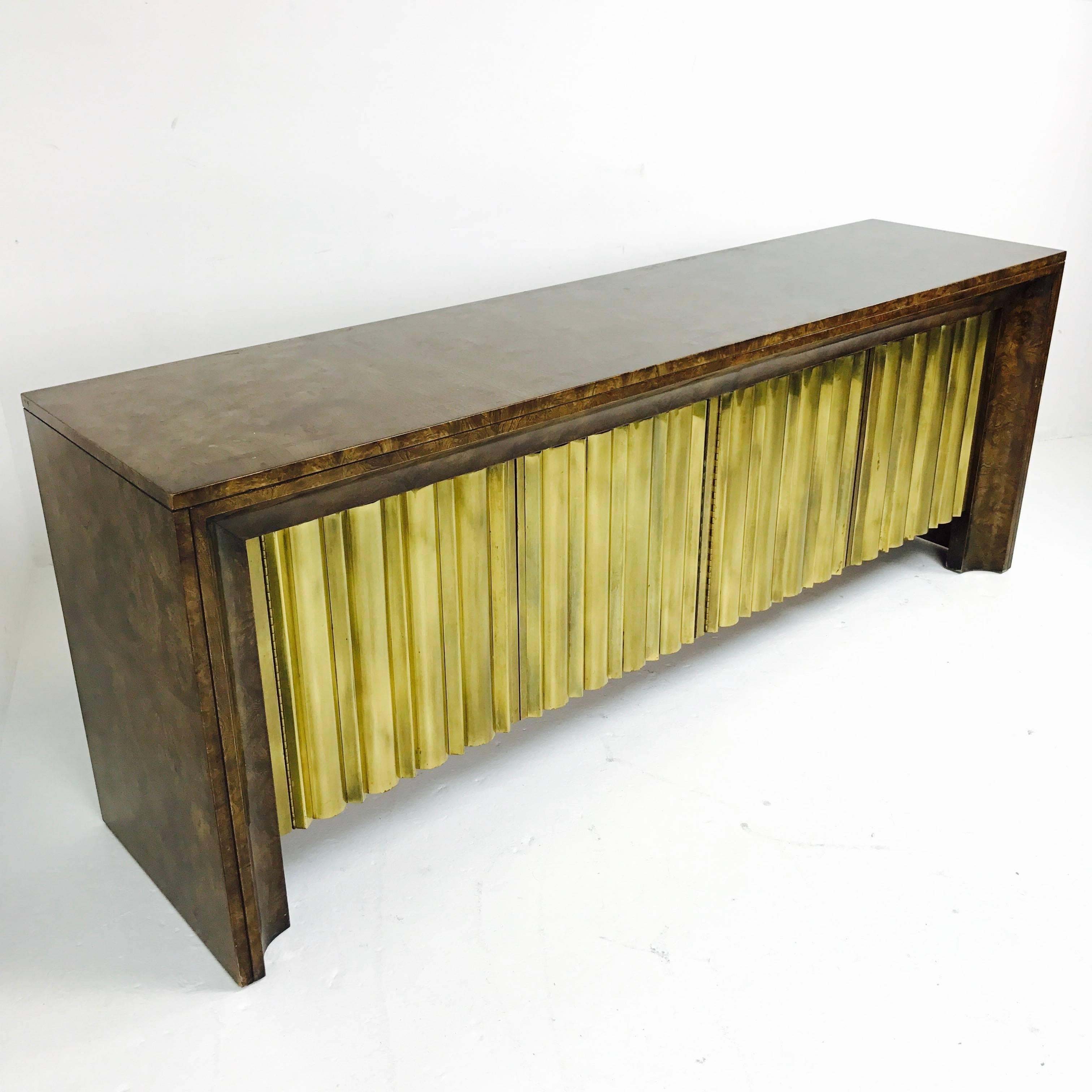 Rare Brass Front Burl Wood Credenza by Mastercraft In Good Condition In Dallas, TX