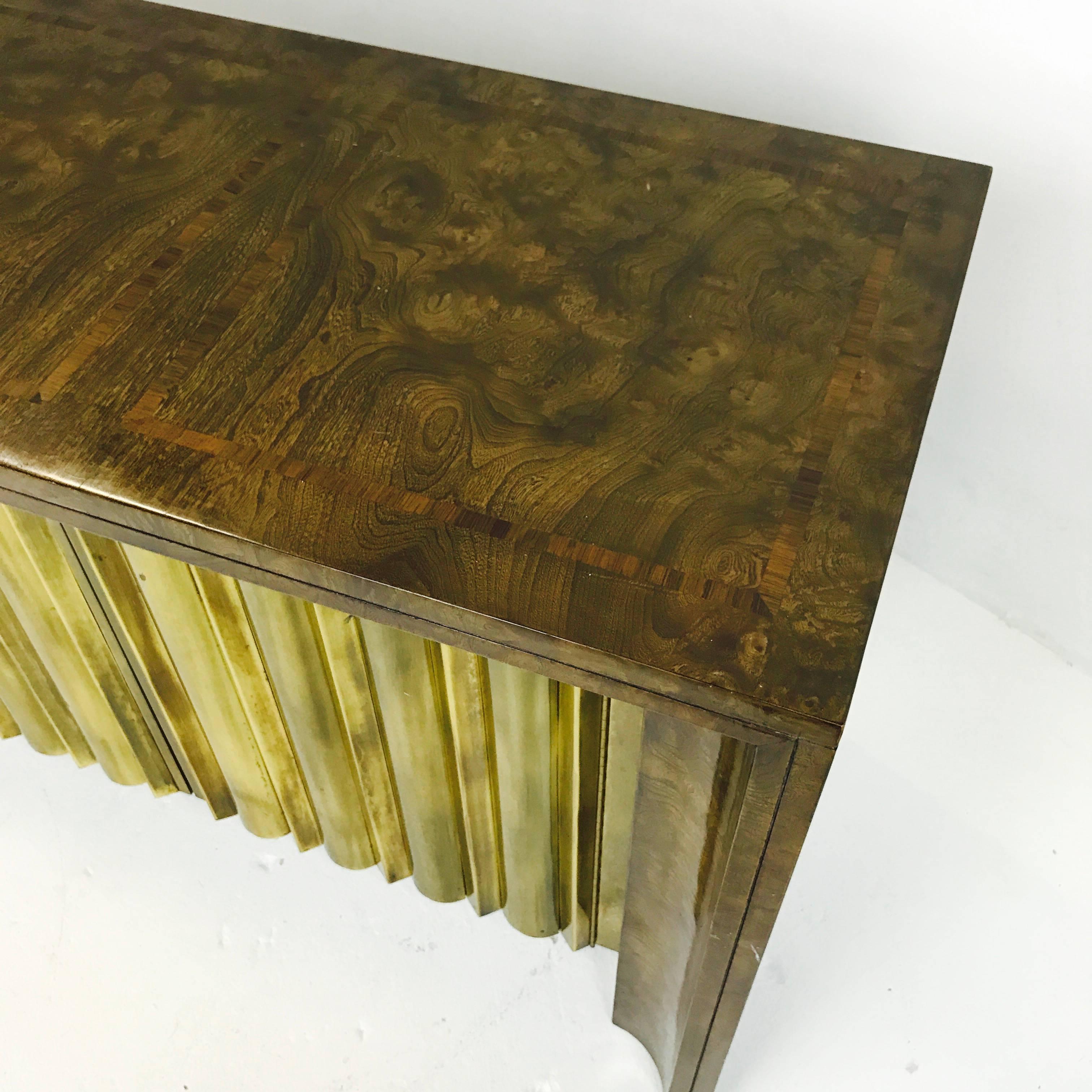Rare Brass Front Burl Wood Credenza by Mastercraft 1