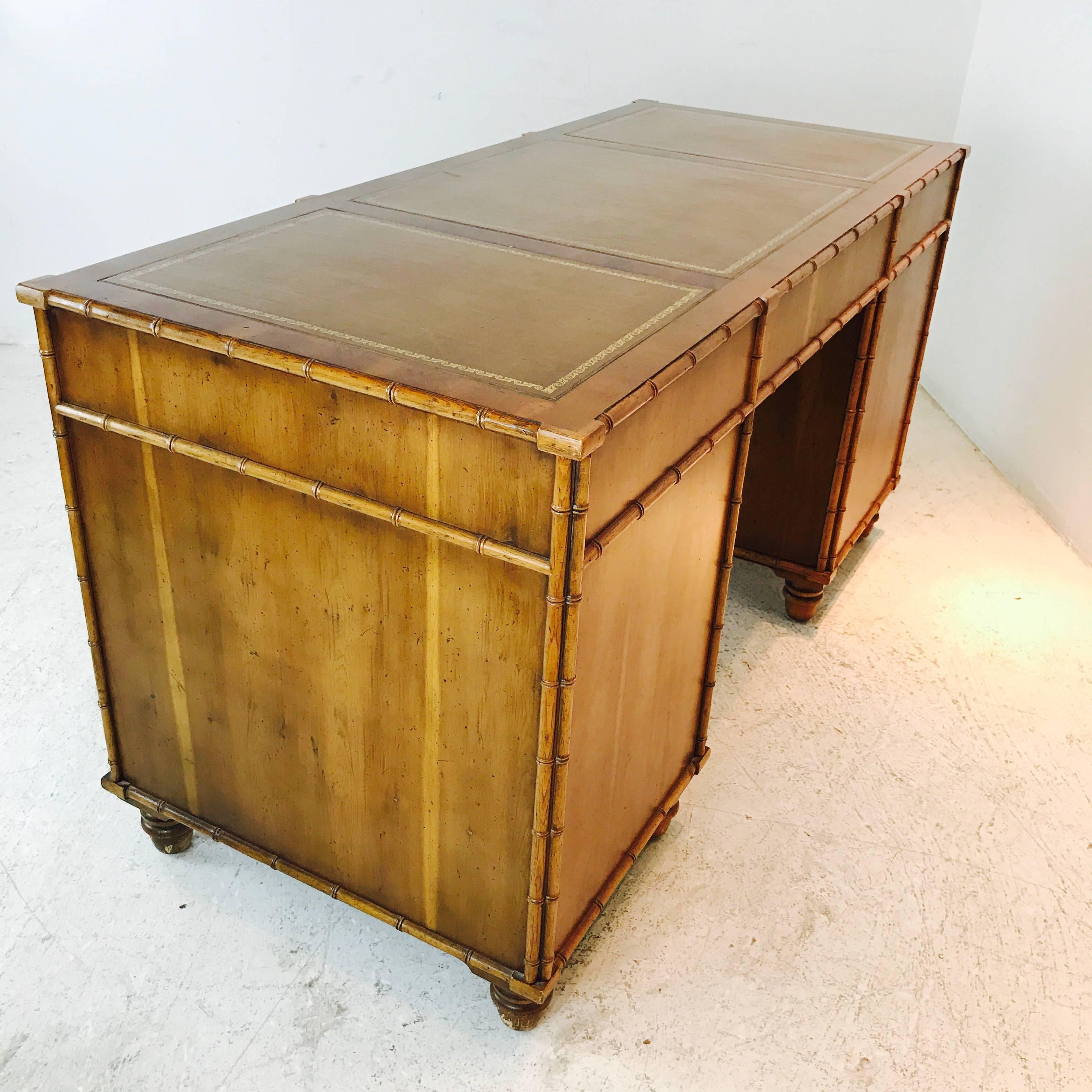 Henredon Faux Bamboo Desk with Inlaid Leather Top In Good Condition In Dallas, TX