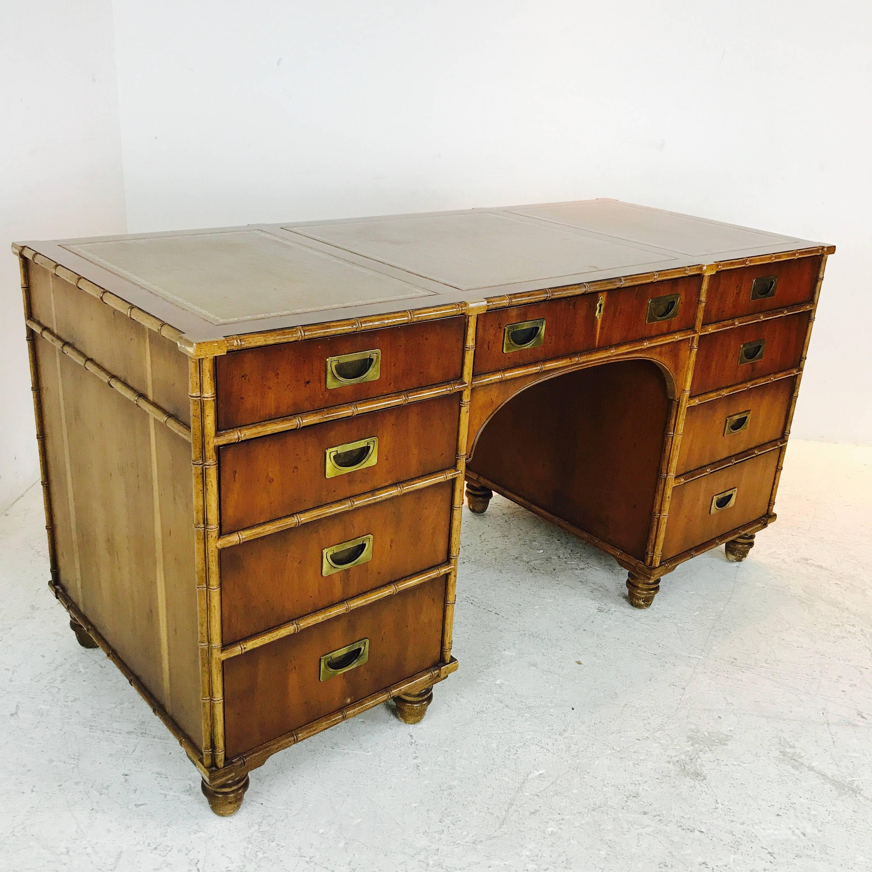 Mid-Century Modern Henredon Faux Bamboo Desk with Inlaid Leather Top