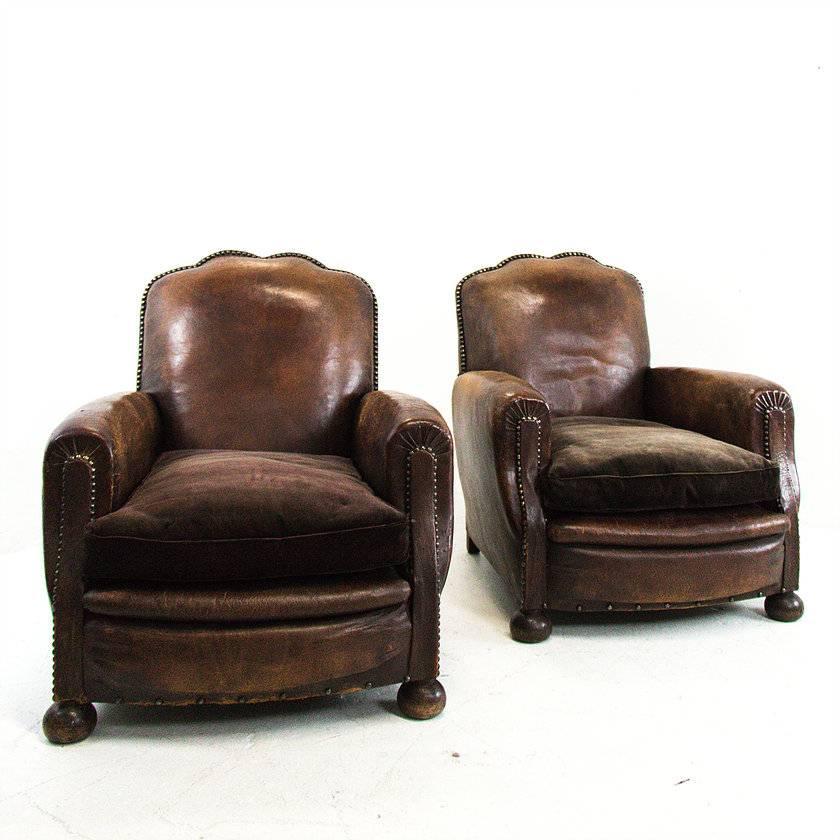 Pair of Vintage Cognac Leather Club Chairs In Good Condition In Dallas, TX