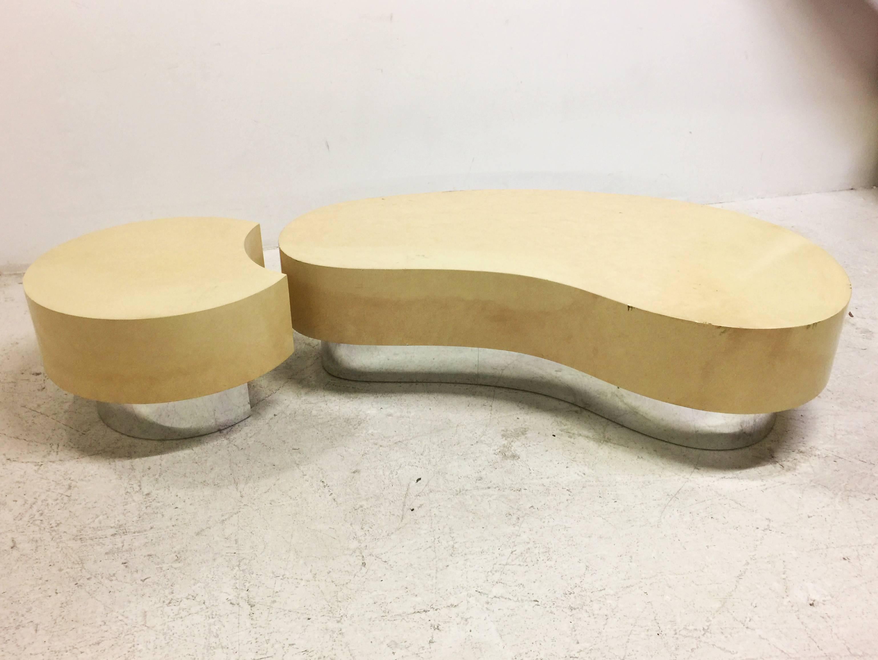 Two-piece faux goat kidney shaped coffee table in the style of Karl Springer. In found condition with wear from use and age of piece. 

Dimensions: 60.5