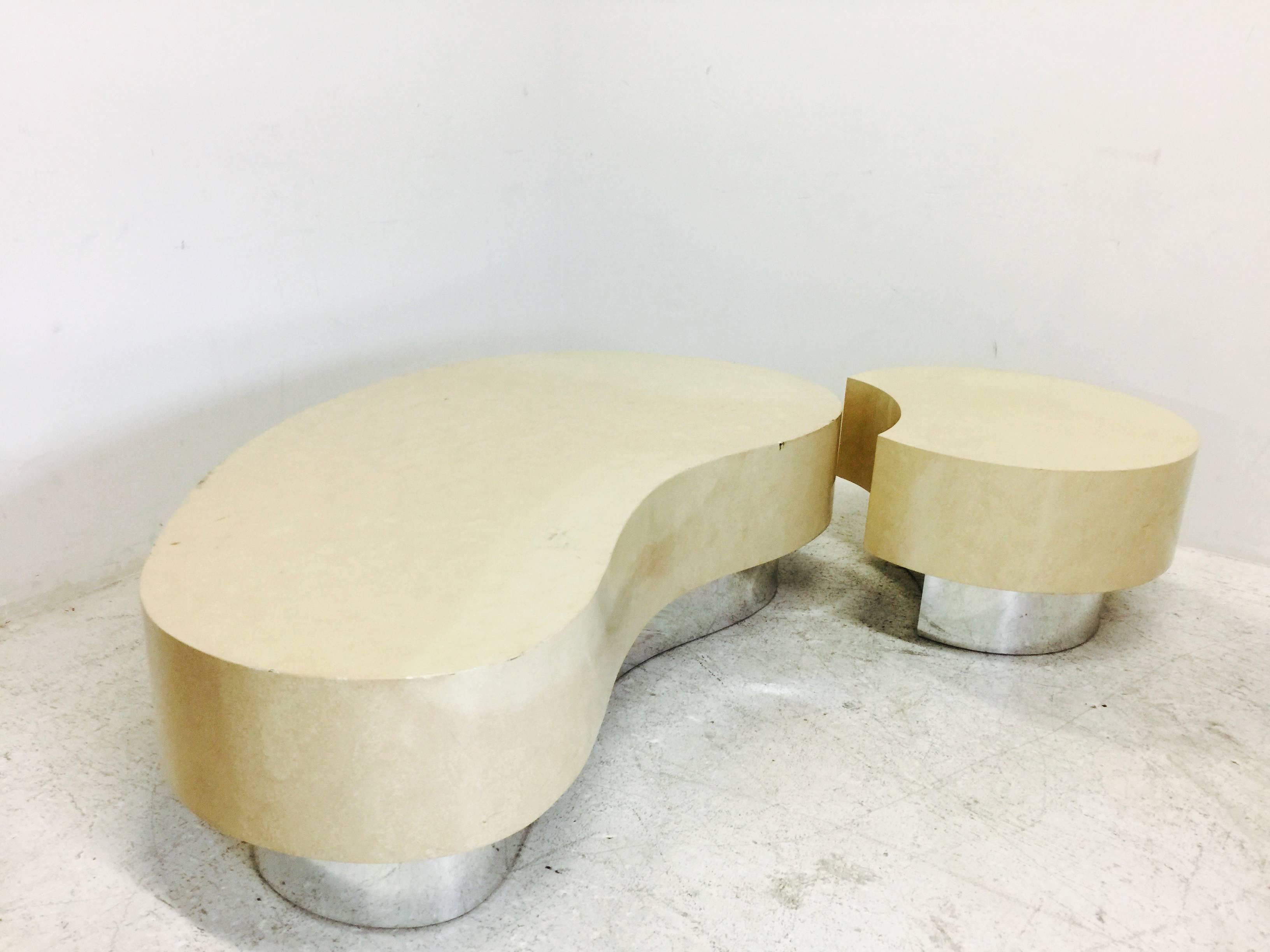 Mid-Century Modern Two-Piece Faux Goat Kidney Shaped Coffee Table in the Style of Karl Springer