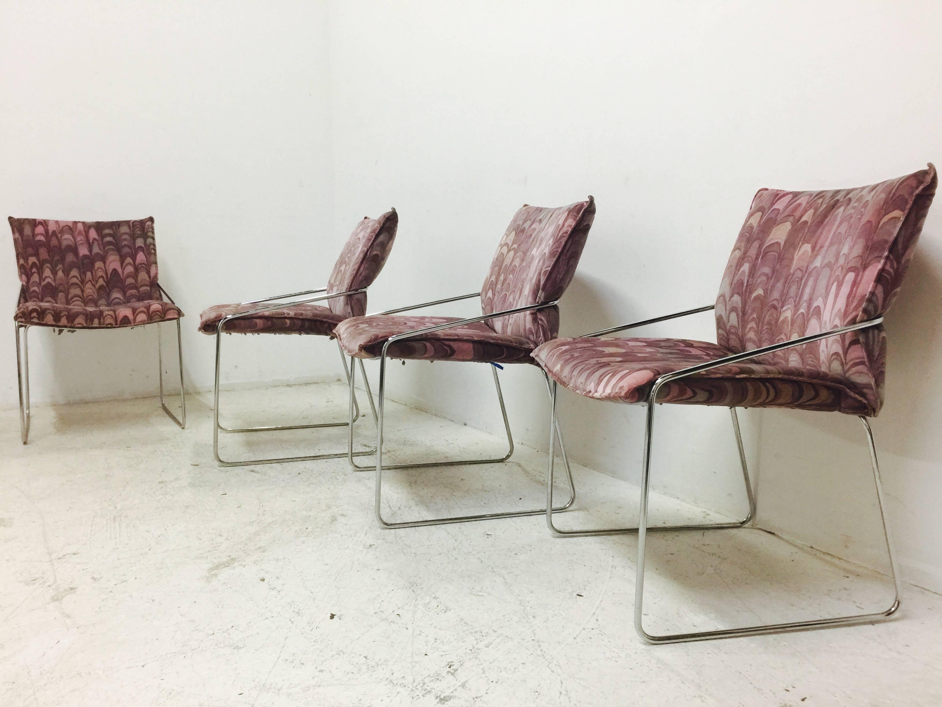 Mid-Century Modern Set of Four Modern Chrome Dining Chairs with Jack Lenor Larsen Fabric
