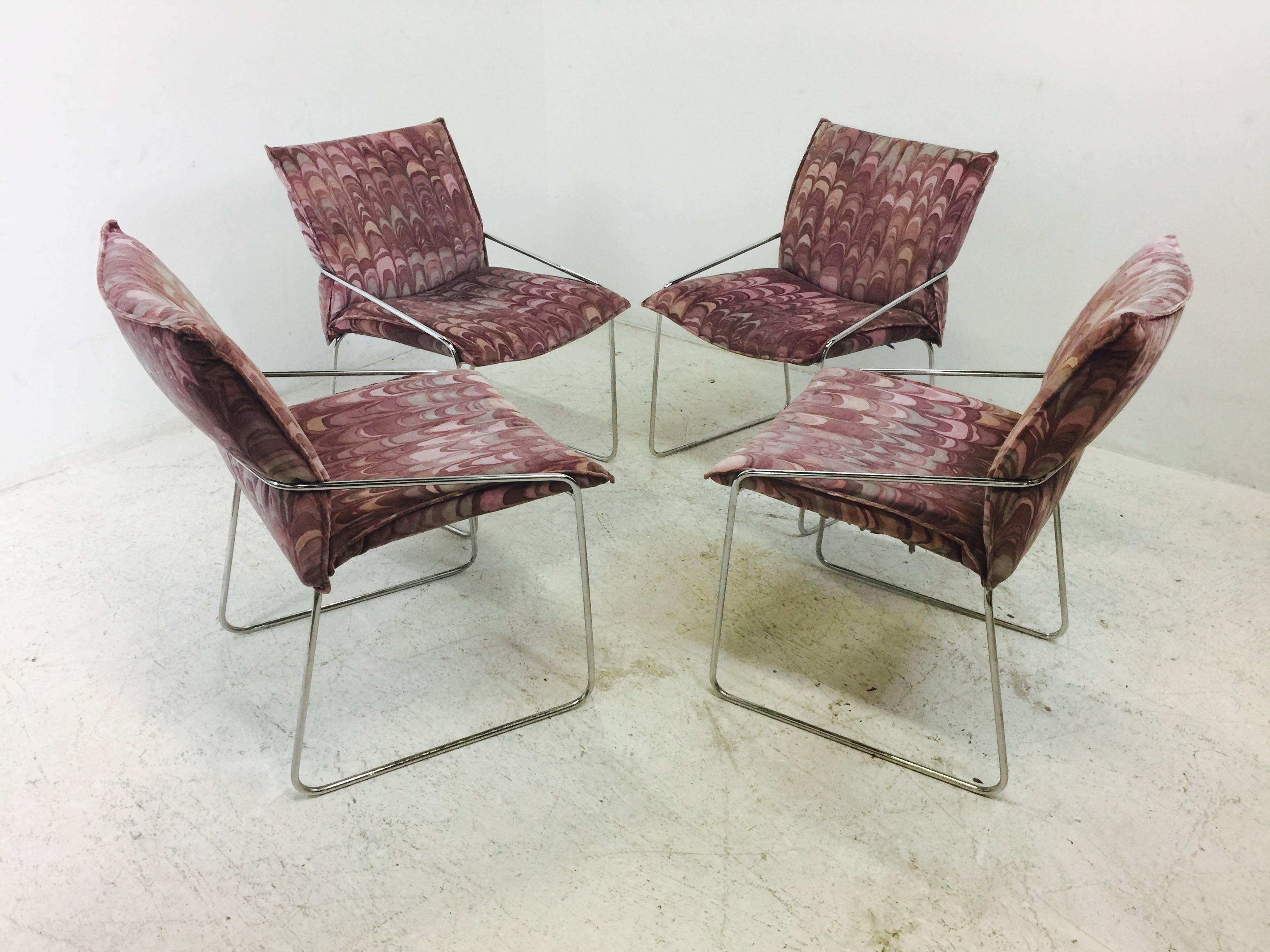 Set of four Modern chrome dining chairs with Jack Lenorr Larsen Fabric. In good vintage condition with wear due to age and use, circa 1970s

Dimensions: 19