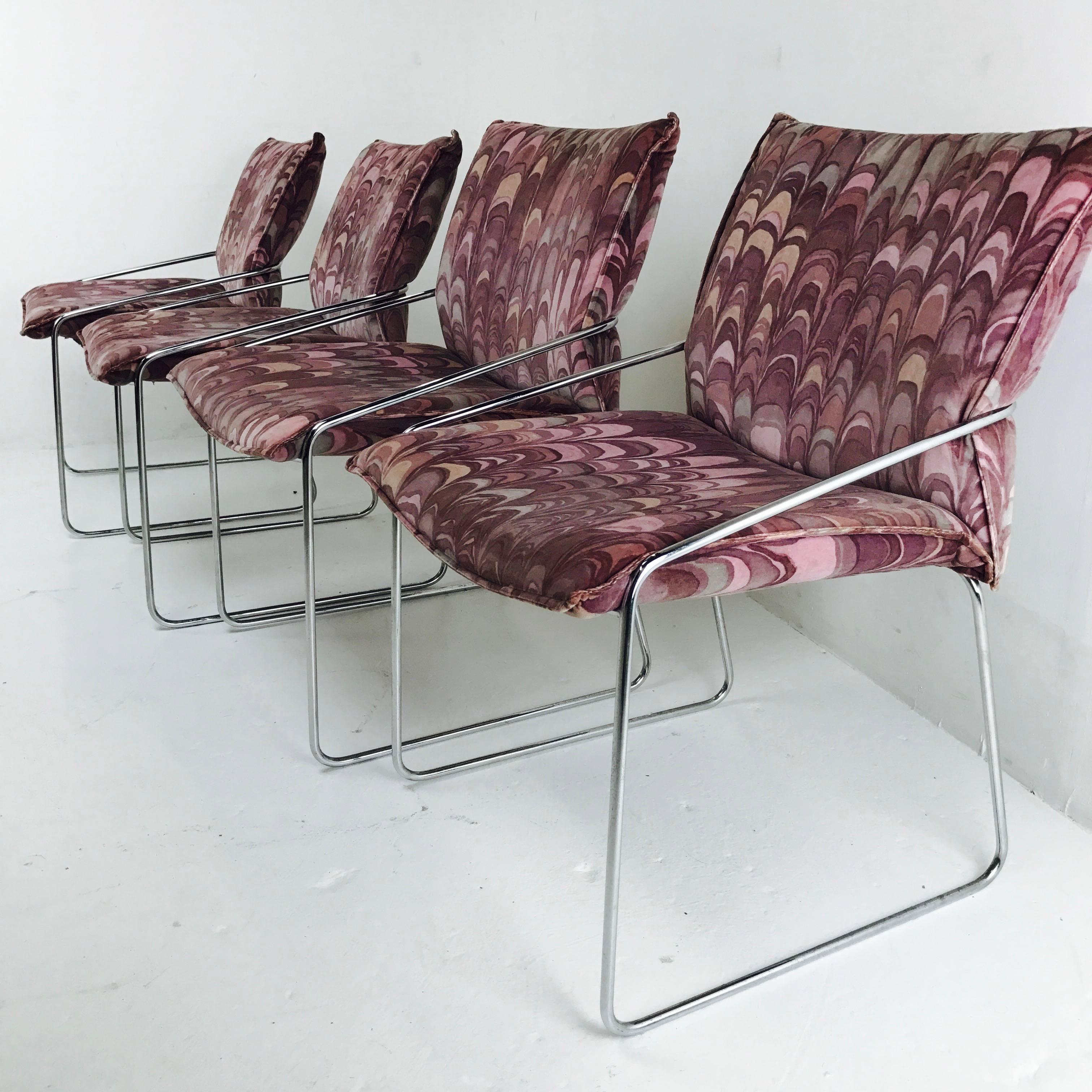Set of Four Modern Chrome Dining Chairs with Jack Lenor Larsen Fabric In Good Condition In Dallas, TX