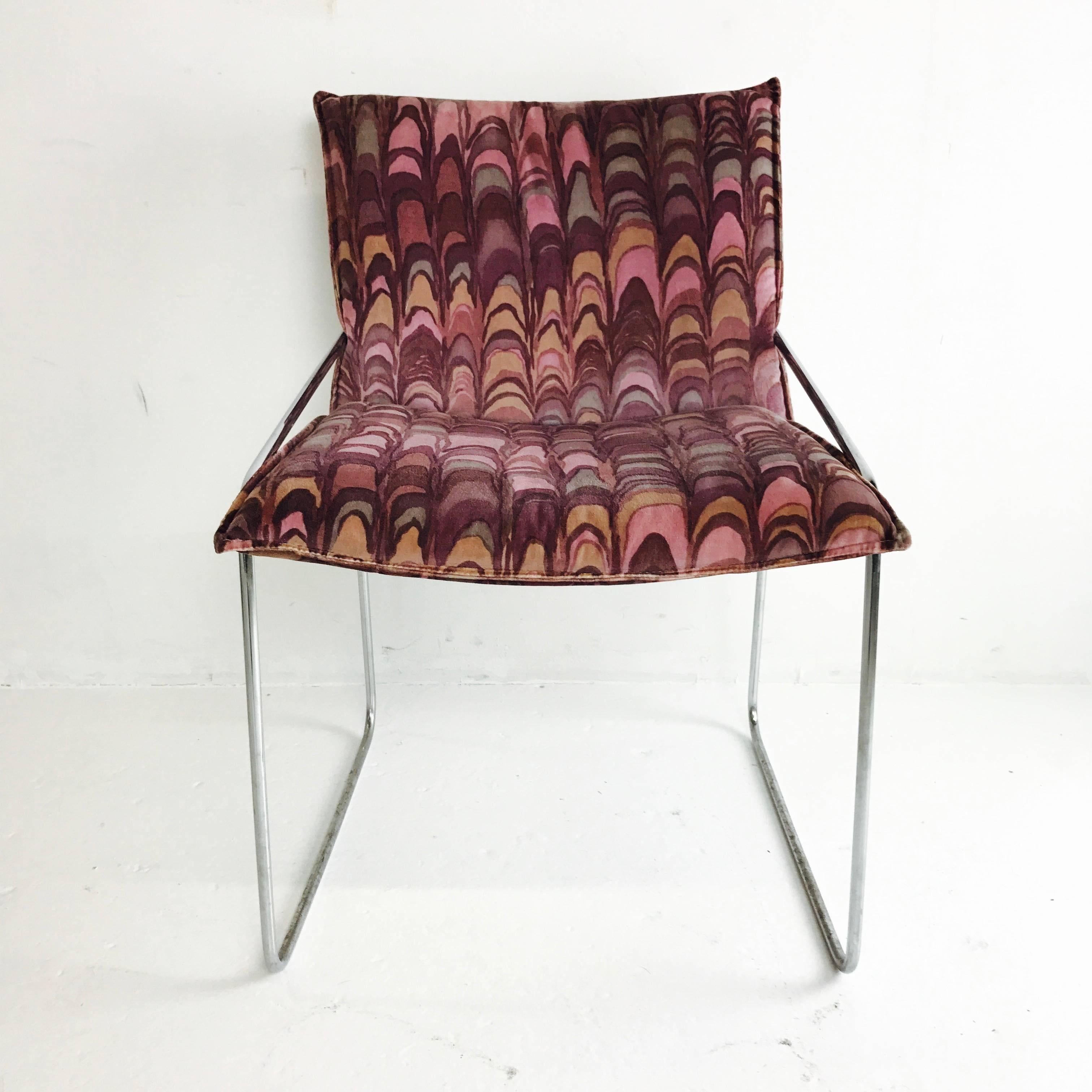 20th Century Set of Four Modern Chrome Dining Chairs with Jack Lenor Larsen Fabric