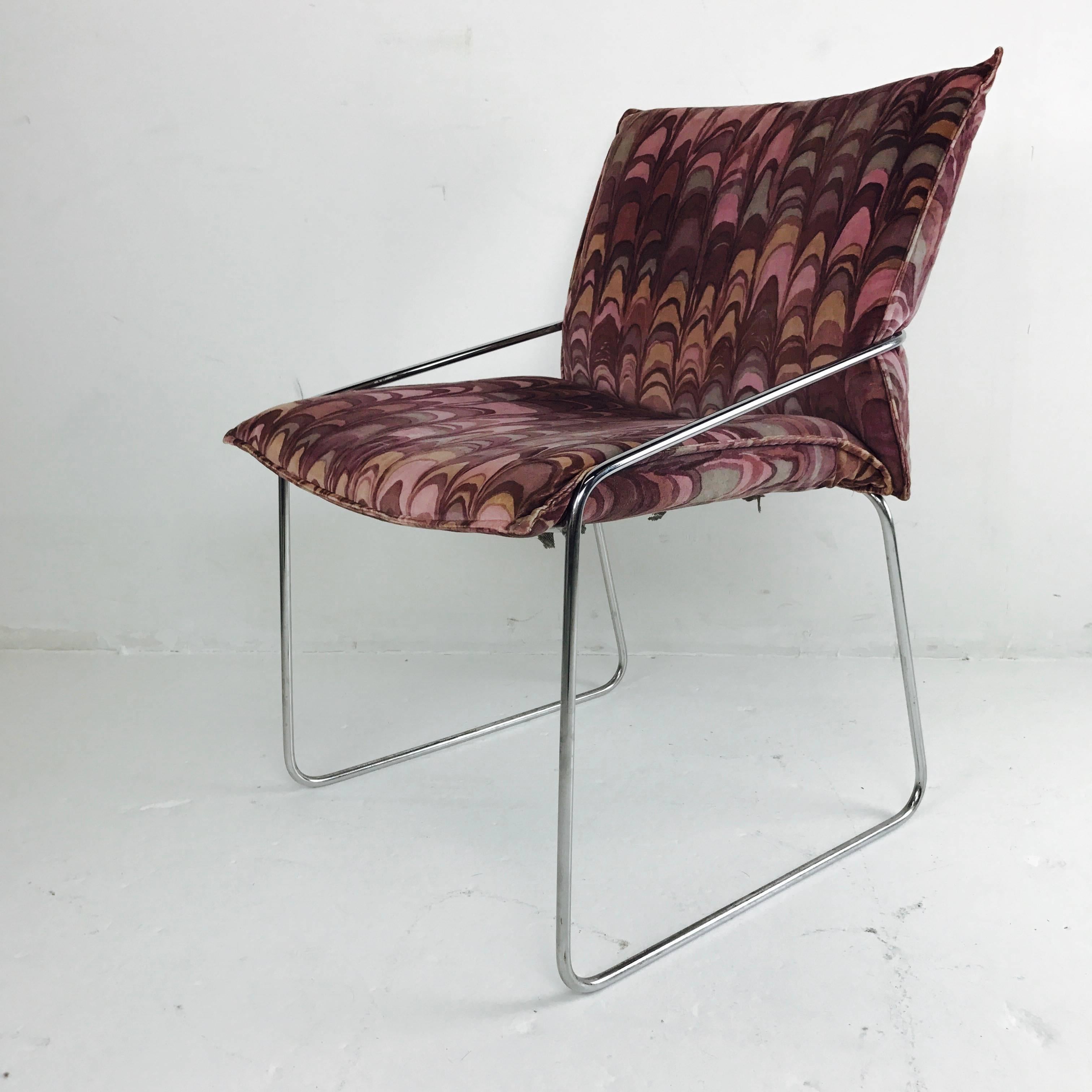 Set of Four Modern Chrome Dining Chairs with Jack Lenor Larsen Fabric 1