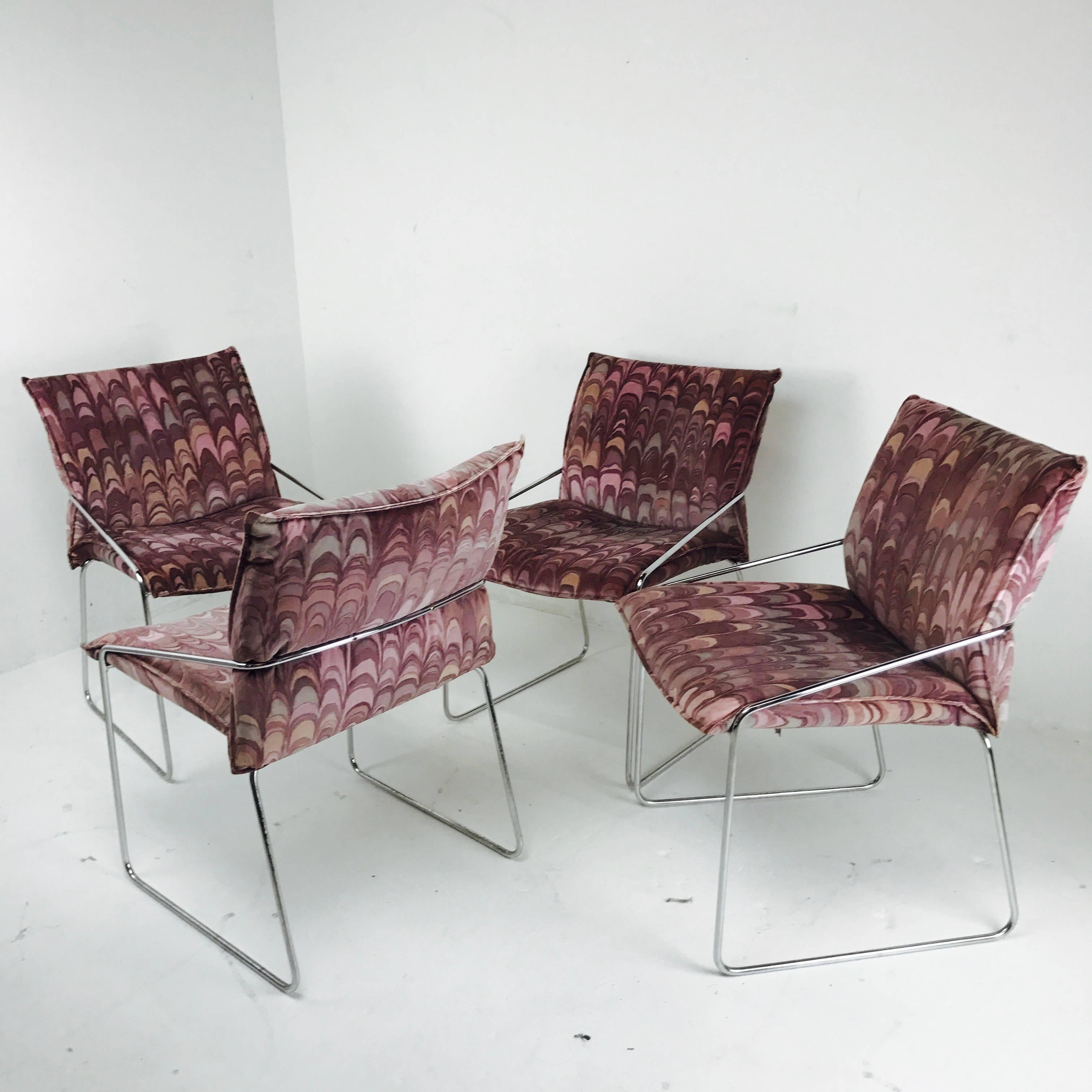 Plated Set of Four Modern Chrome Dining Chairs with Jack Lenor Larsen Fabric