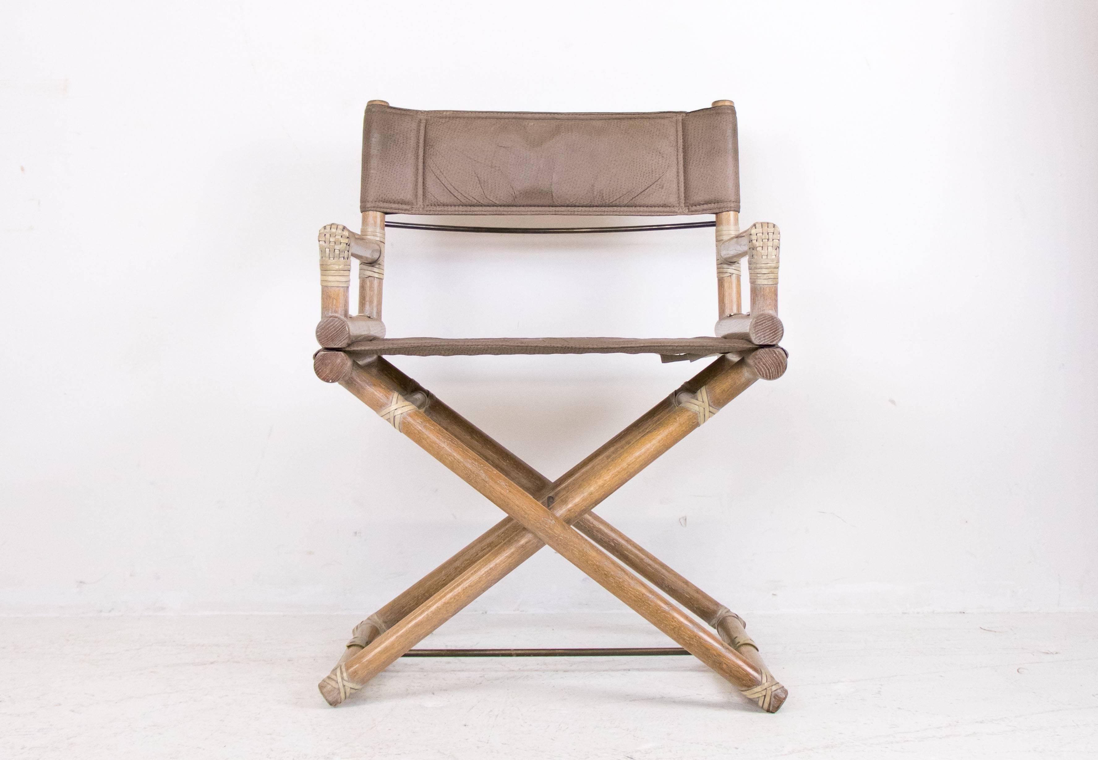 Mid-Century Modern Set of Six McGuire Bamboo Campaign Chairs with Pigskin Upholstery