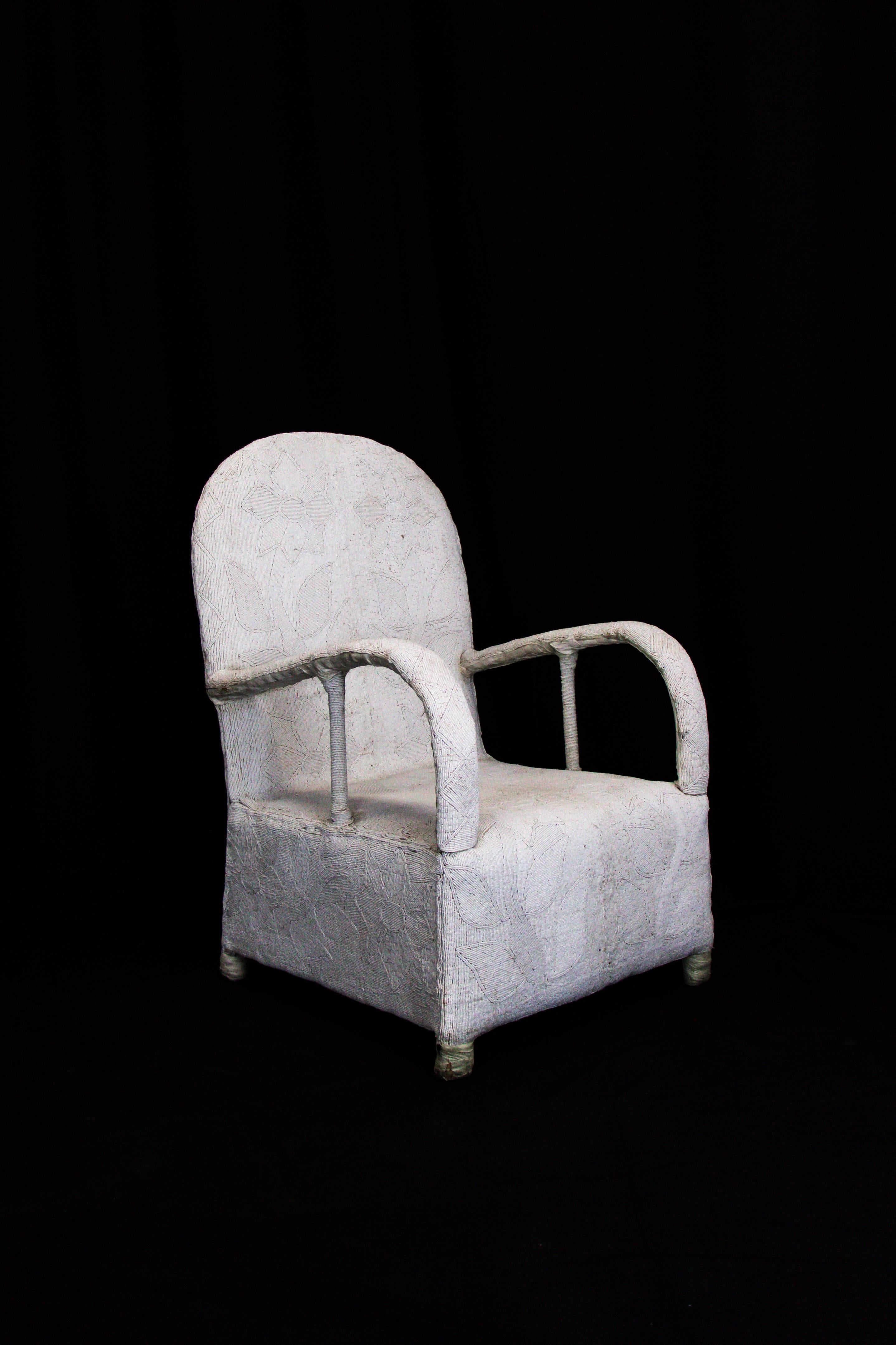 Pair of White African Hand Beaded Nigerian Yoruba Tribal Armchairs In Good Condition In Dallas, TX