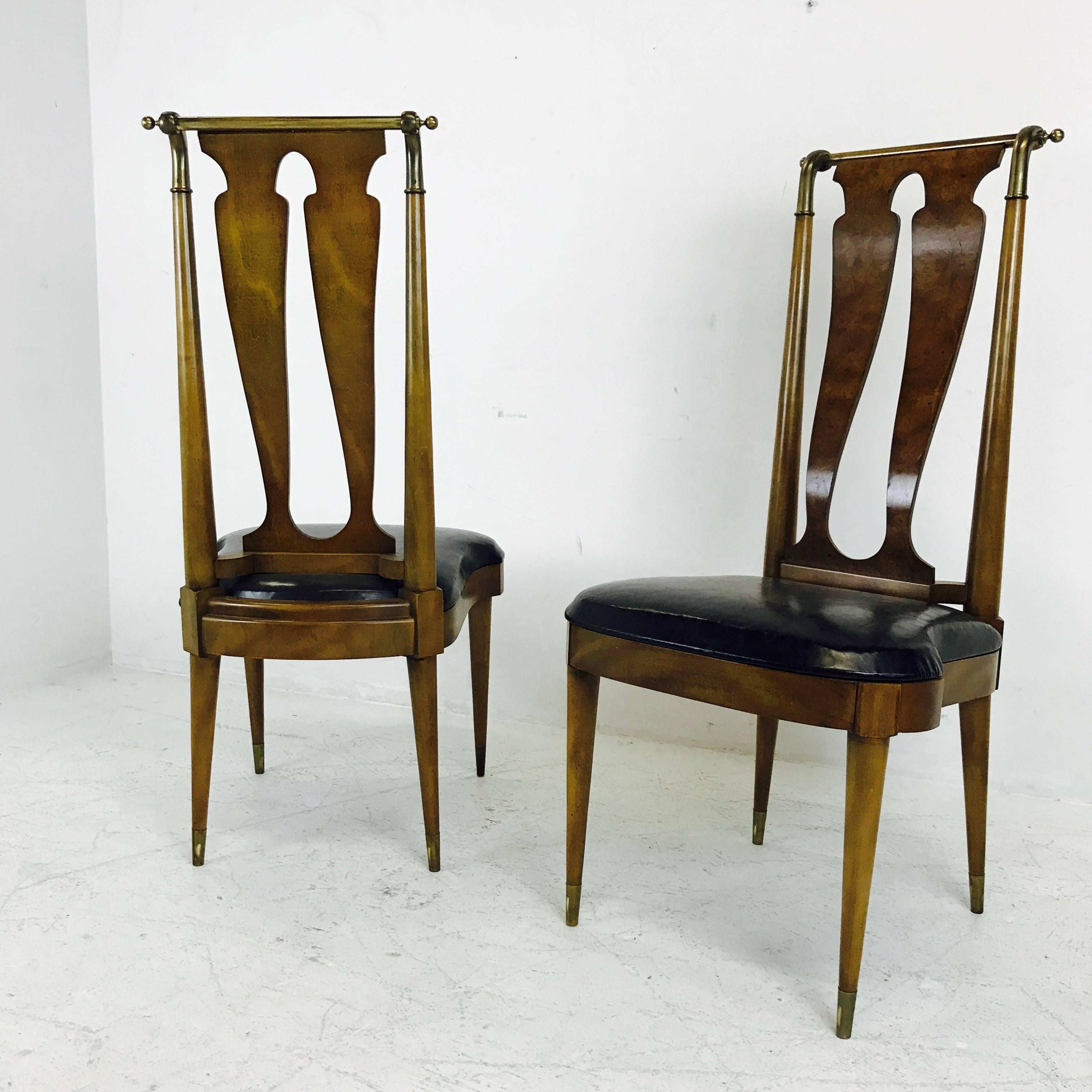 Mid-Century Modern Pair of Italianate Burl Wood and Brass Side Chairs