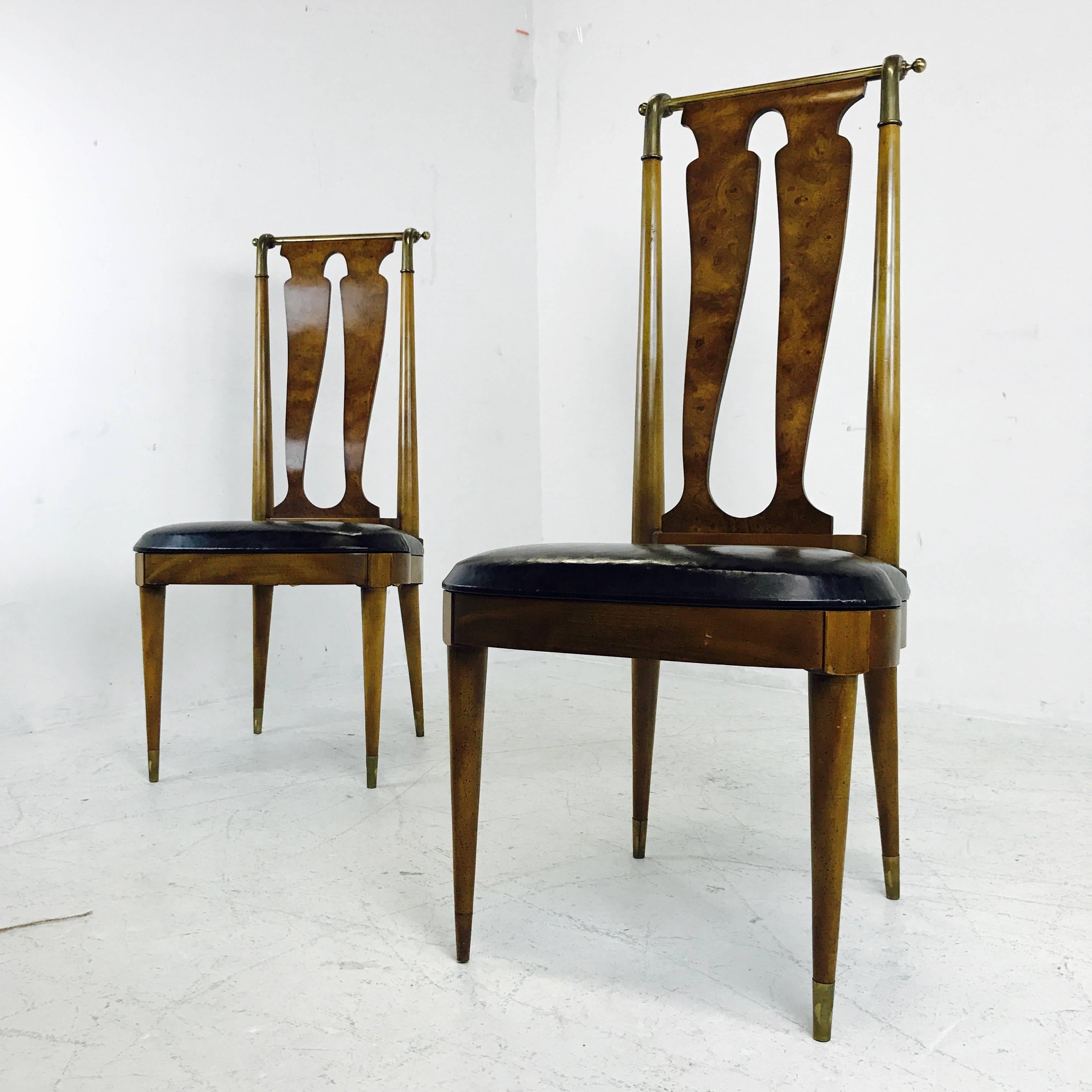 Pair of Italianate burl wood and brass side chairs. The backs of the chairs have a curved form. The brass has an aged patina, circa 1960s

Dimensions: 20" W x 22" D x 45" T
seat height 20".