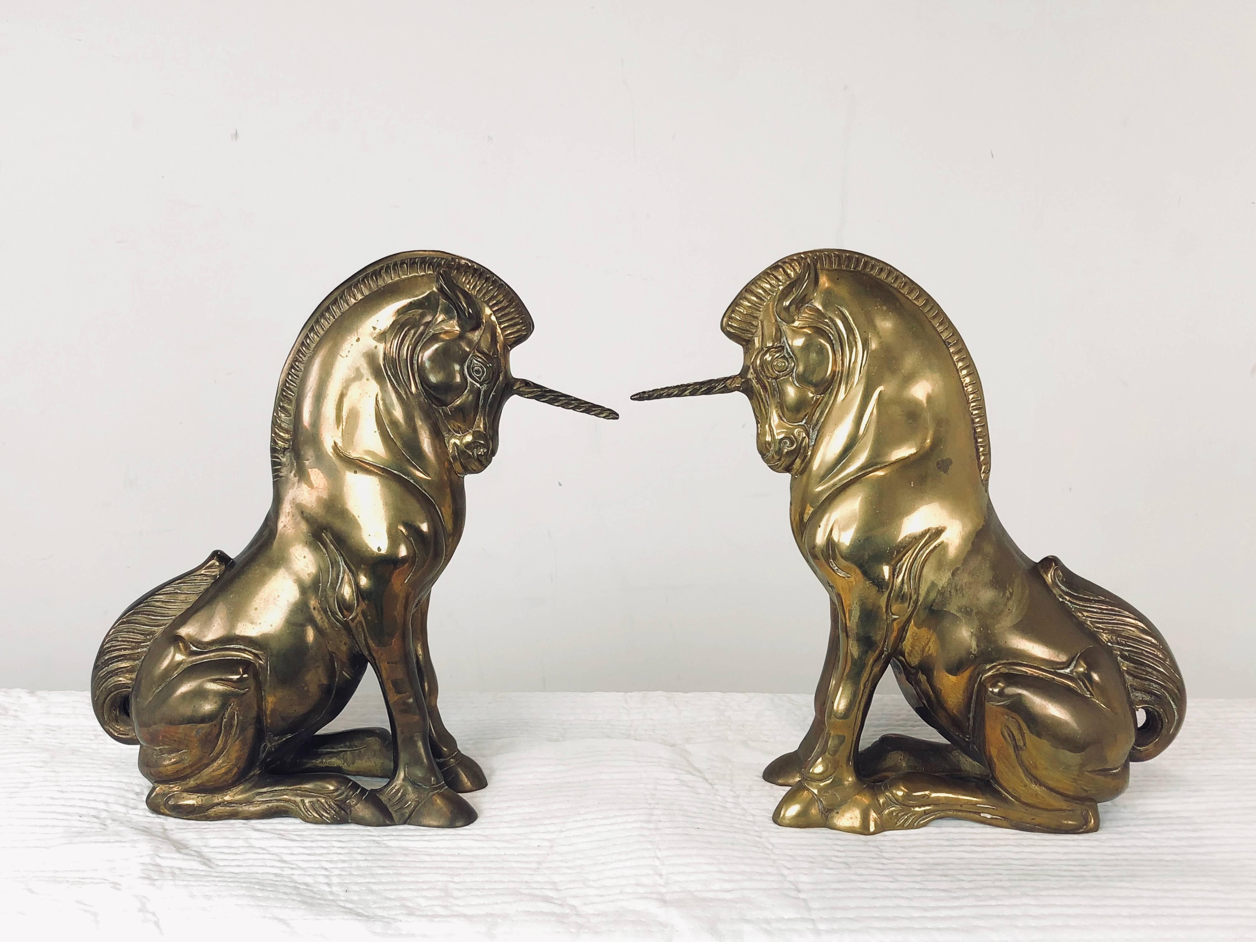 Pair of vintage brass unicorn statues. These statues have a nice aged patina to them, circa 1960s

Dimensions: 14