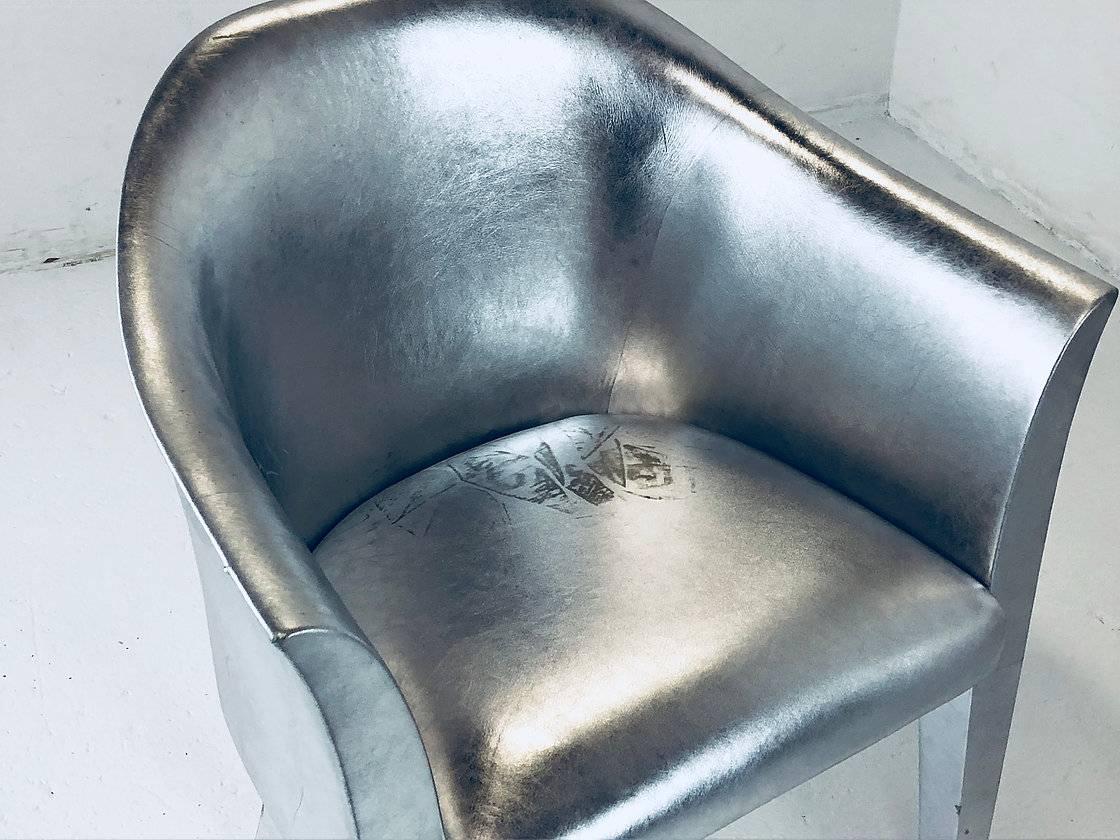 Pair of Metallic Silver Leather Armchairs Signed Karl Springer 2