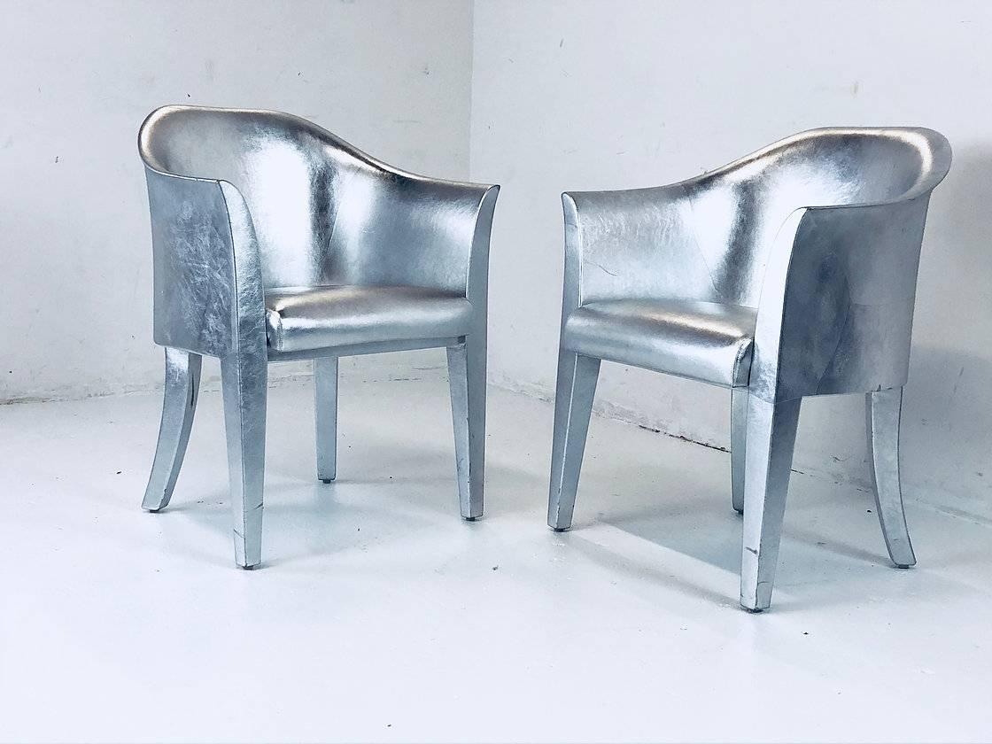 Pair of metallic silver leather armchairs signed Karl Springer, circa 1990s

Dimensions: 25