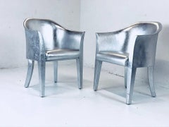 Pair of Metallic Silver Leather Armchairs Signed Karl Springer