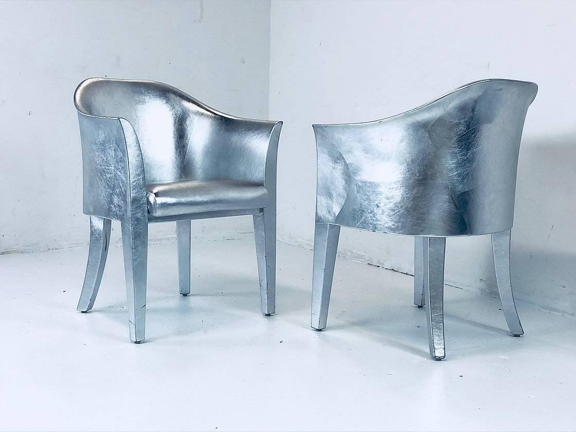 Pair of Metallic Silver Leather Armchairs Signed Karl Springer In Good Condition In Dallas, TX