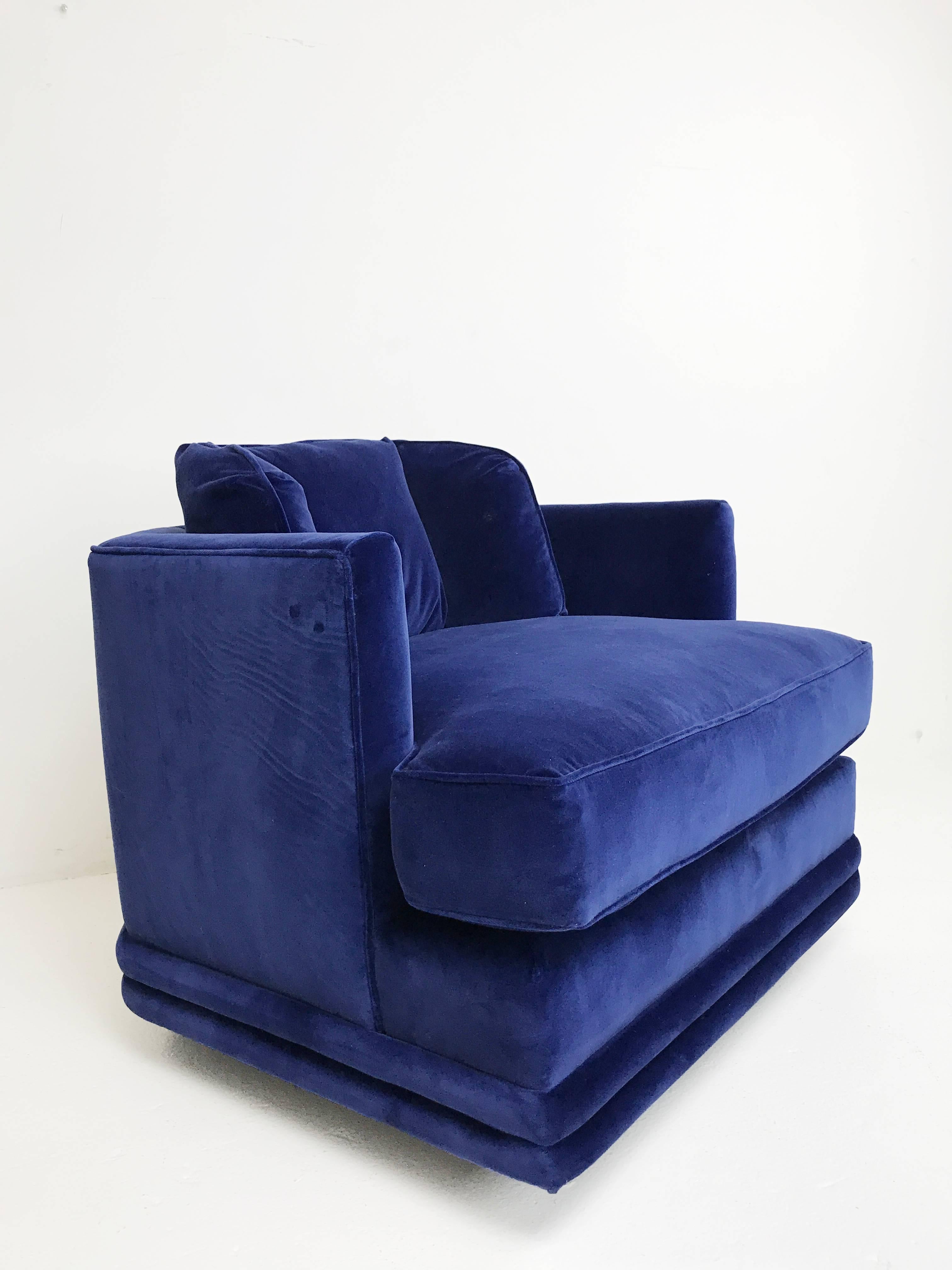 20th Century Pair of Blue Velvet Hex Back Swivel Chairs in the Style of Milo Baughman