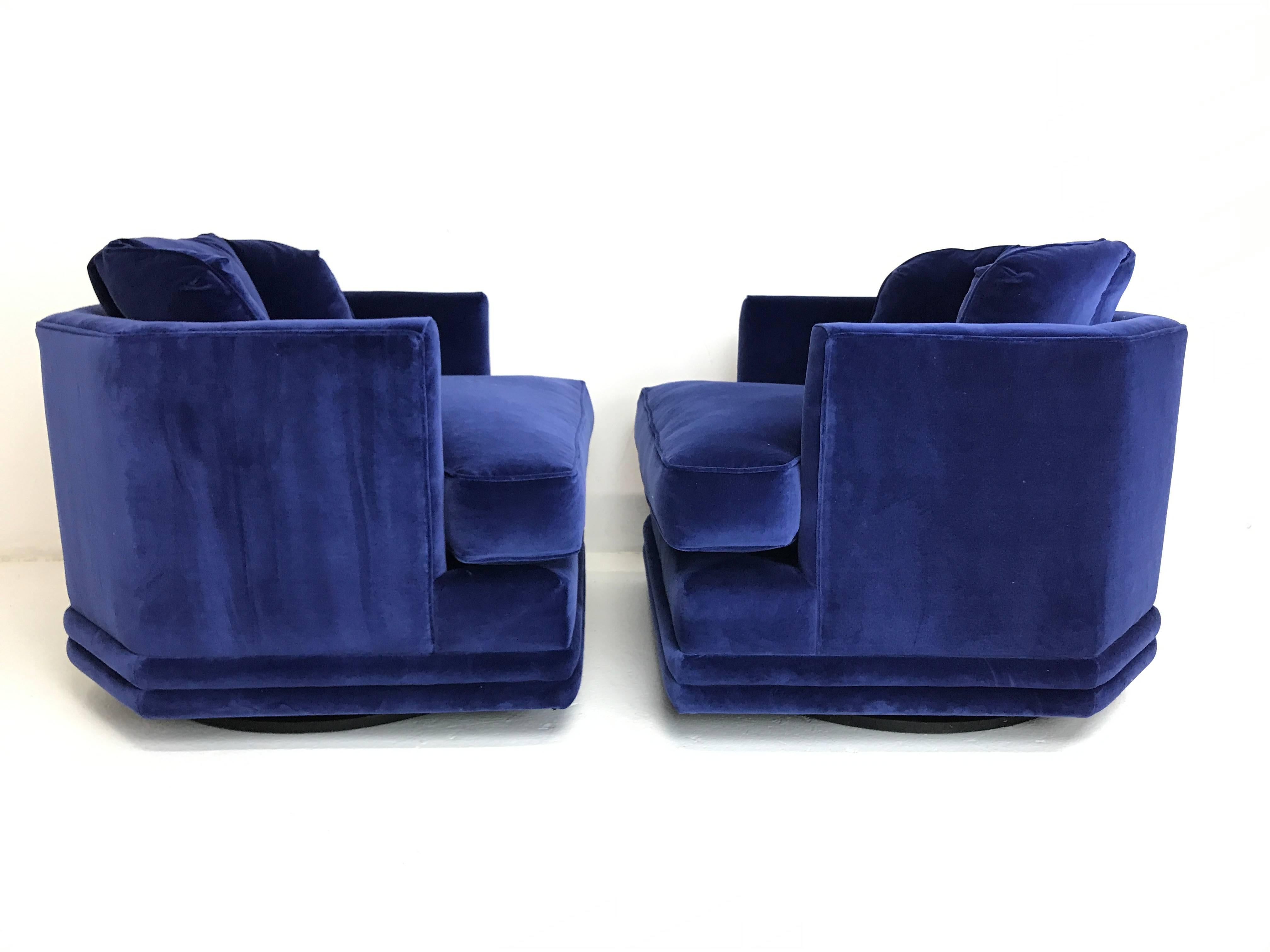 Pair of Blue Velvet Hex Back Swivel Chairs in the Style of Milo Baughman 2