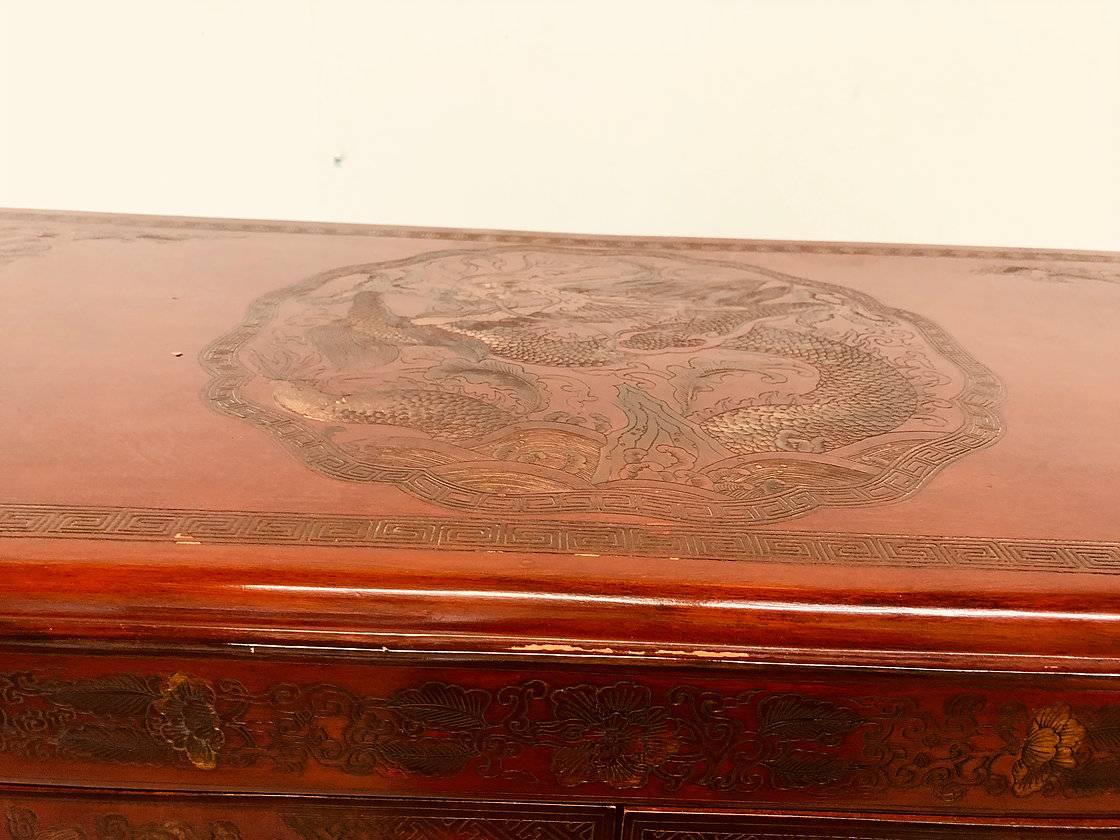 Carved Red Asian Armoire/Liquor Cabinet In Good Condition In Dallas, TX