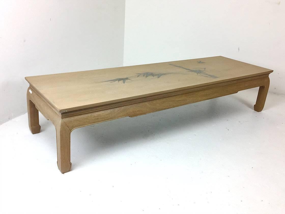 Mid-Century Modern Bleached Mahogany Ming Coffee Table with Inlaid Bamboo Leaf Design For Sale