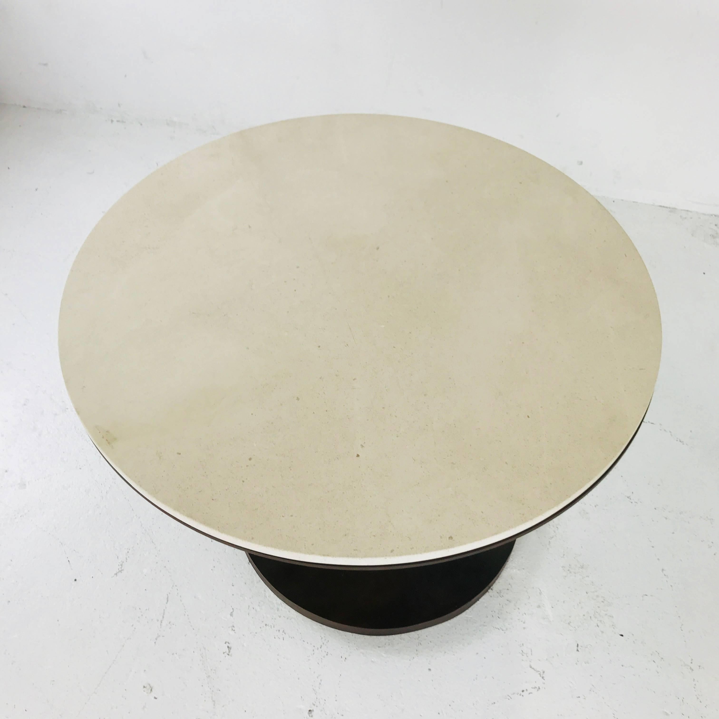 Metalwork Limestone Top Vine Occasional Table with Oxidized Finish